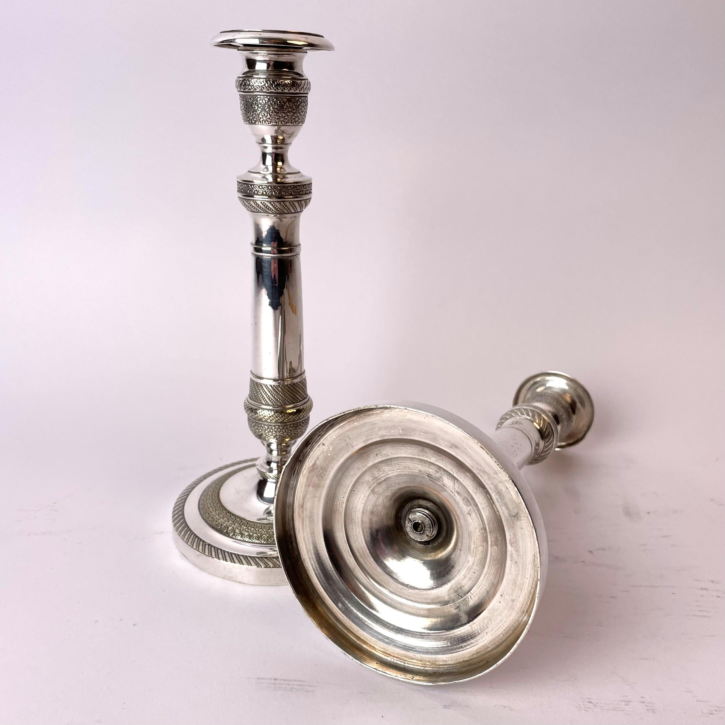 19th Century An Elegant pair of empire candlesticks in Argent haché