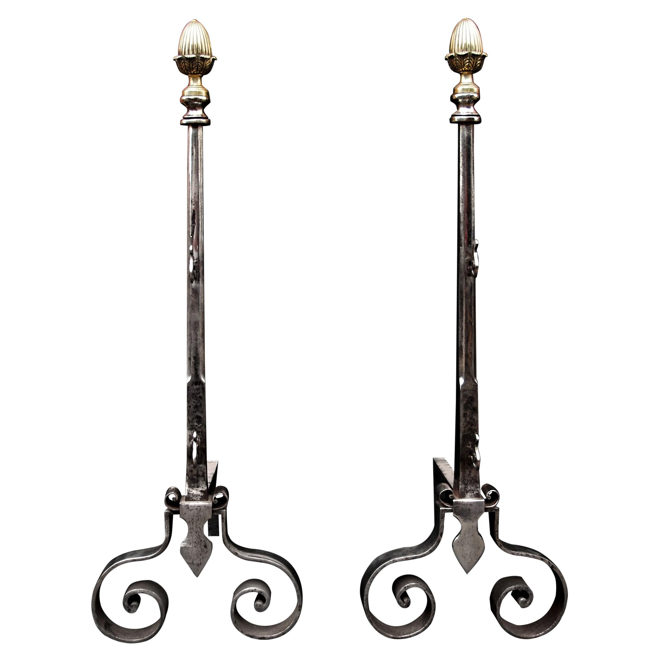 Elegant Pair of English Andirons with Brass Acorn Finials For Sale