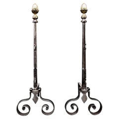 Elegant Pair of English Andirons with Brass Acorn Finials