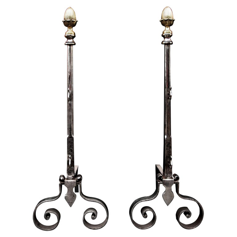 Elegant Pair of English Andirons with Brass Acorn Finials For Sale at