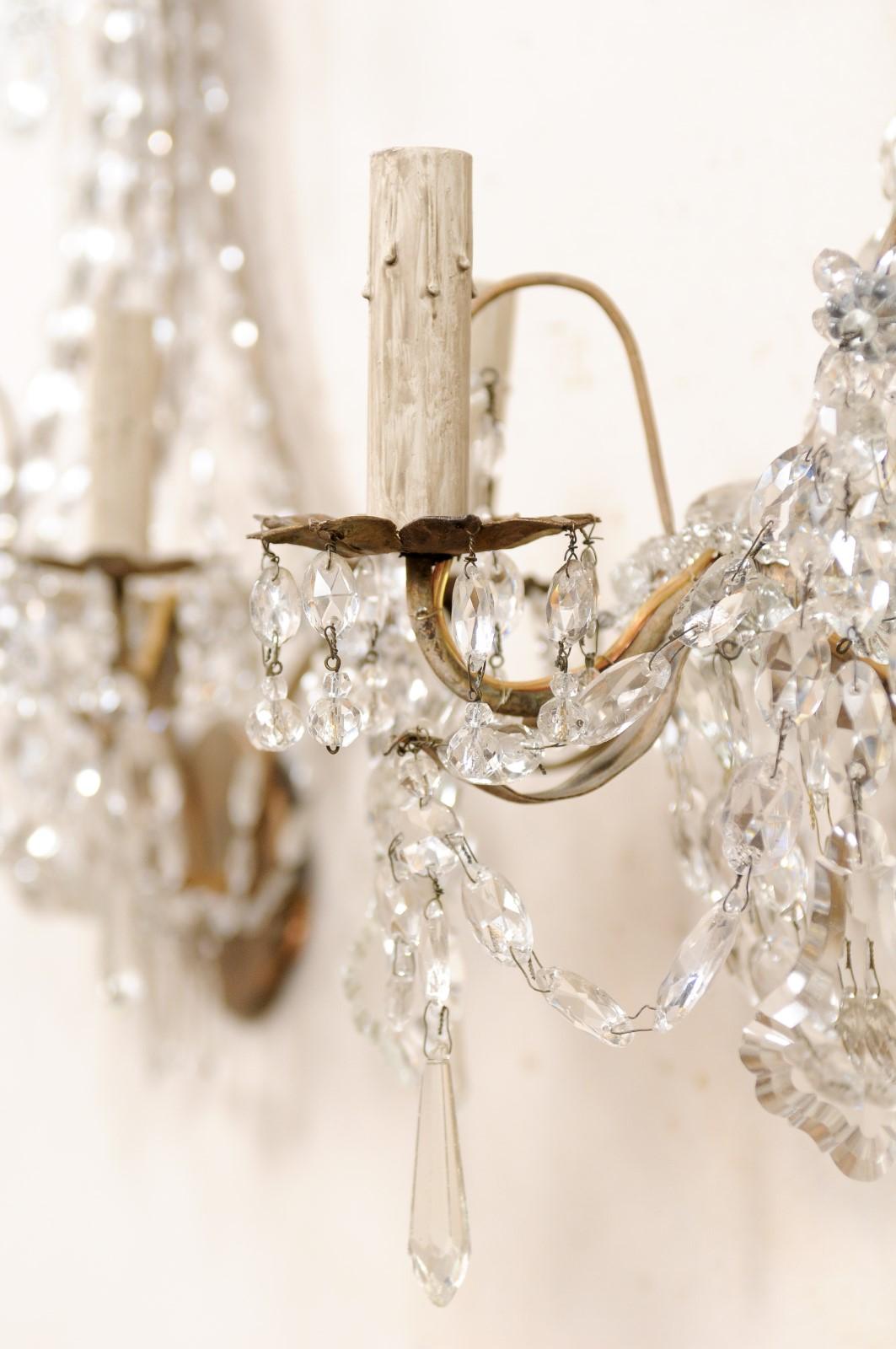 Elegant Pair of Mid-20th Century Crystal Waterfall Wall Sconces from France For Sale 2