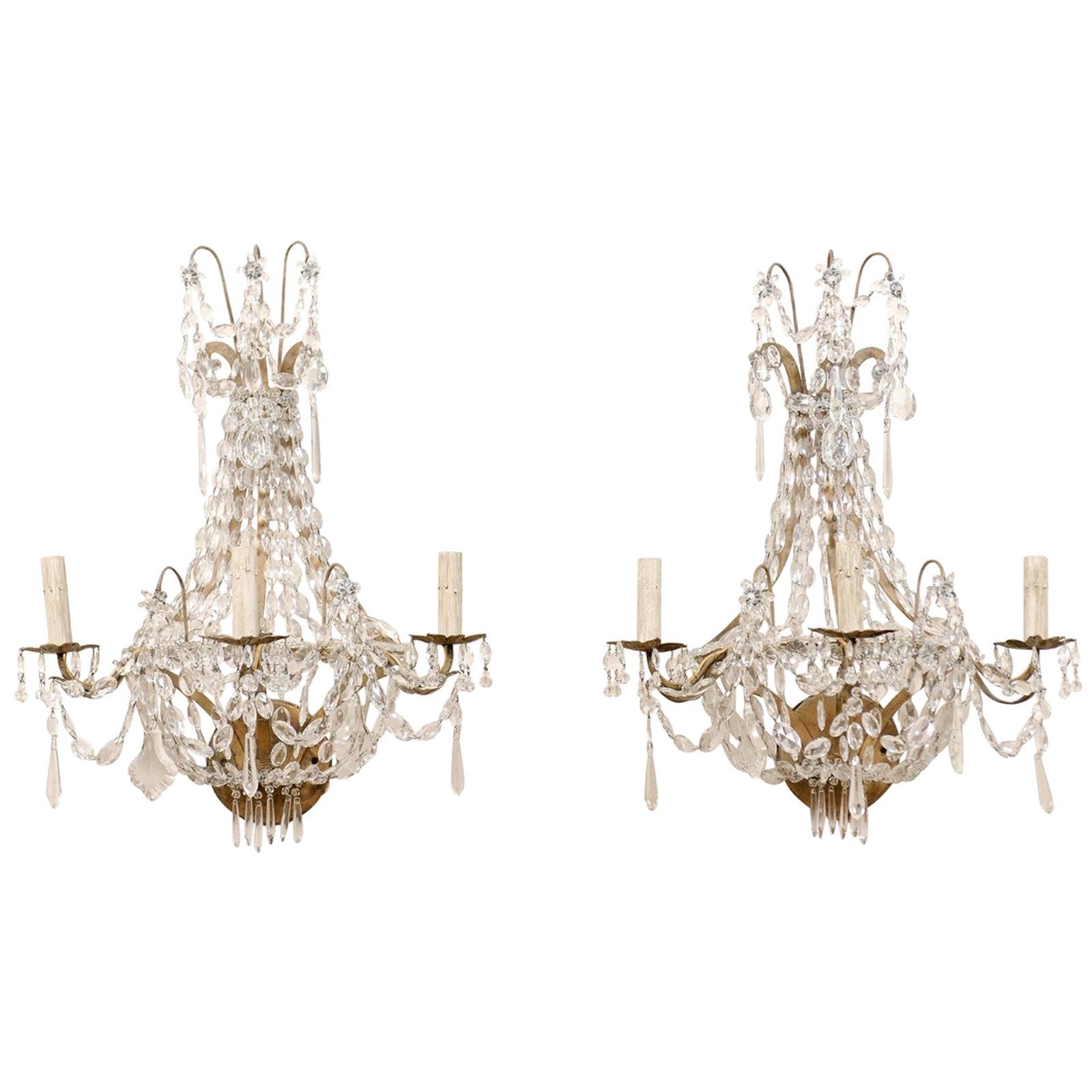 Elegant Pair of Mid-20th Century Crystal Waterfall Wall Sconces from France