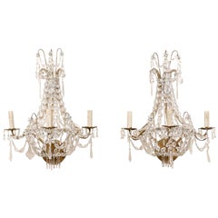 Vintage Elegant Pair of Mid-20th Century Crystal Waterfall Wall Sconces from France