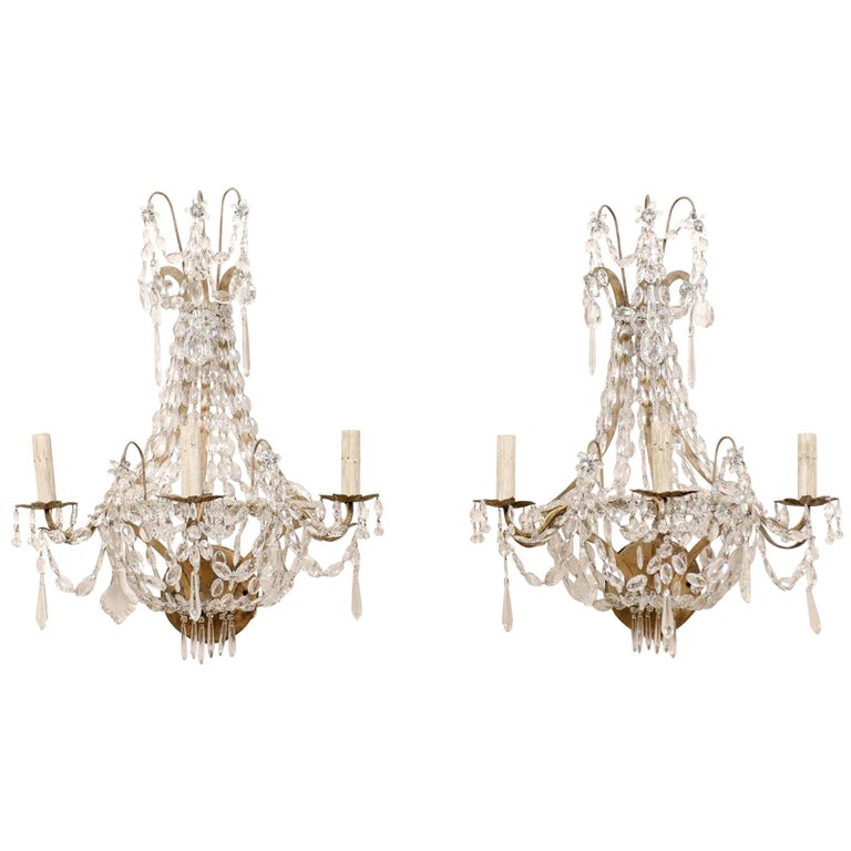 Elegant Pair of Mid-20th Century Crystal Waterfall Wall Sconces from France For Sale