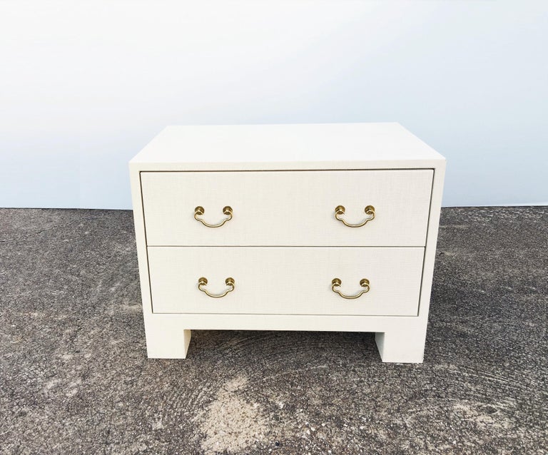 Elegant Pair Of Raffia Grasscloth Two Drawer Dresser Nightstands