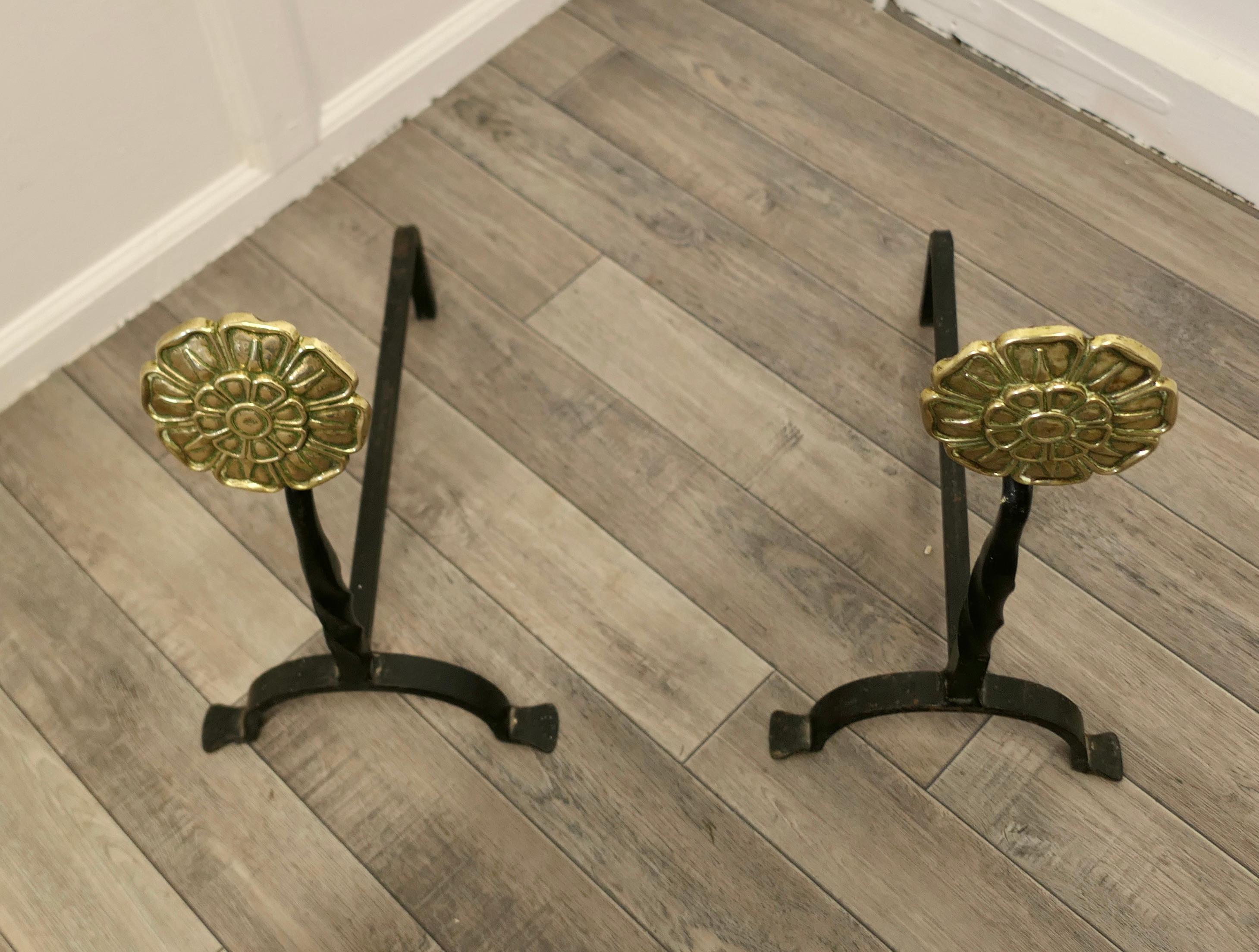 An Elegant pair of Tudor Rose brass & iron Andirons or Fire Dogs

This is a tall elegant pair of Andirons and they are made of iron with a large roundels in the shape of a 5” Tudor Rose on the top
The Andirons are 20” high, 16” long and are 9.5”