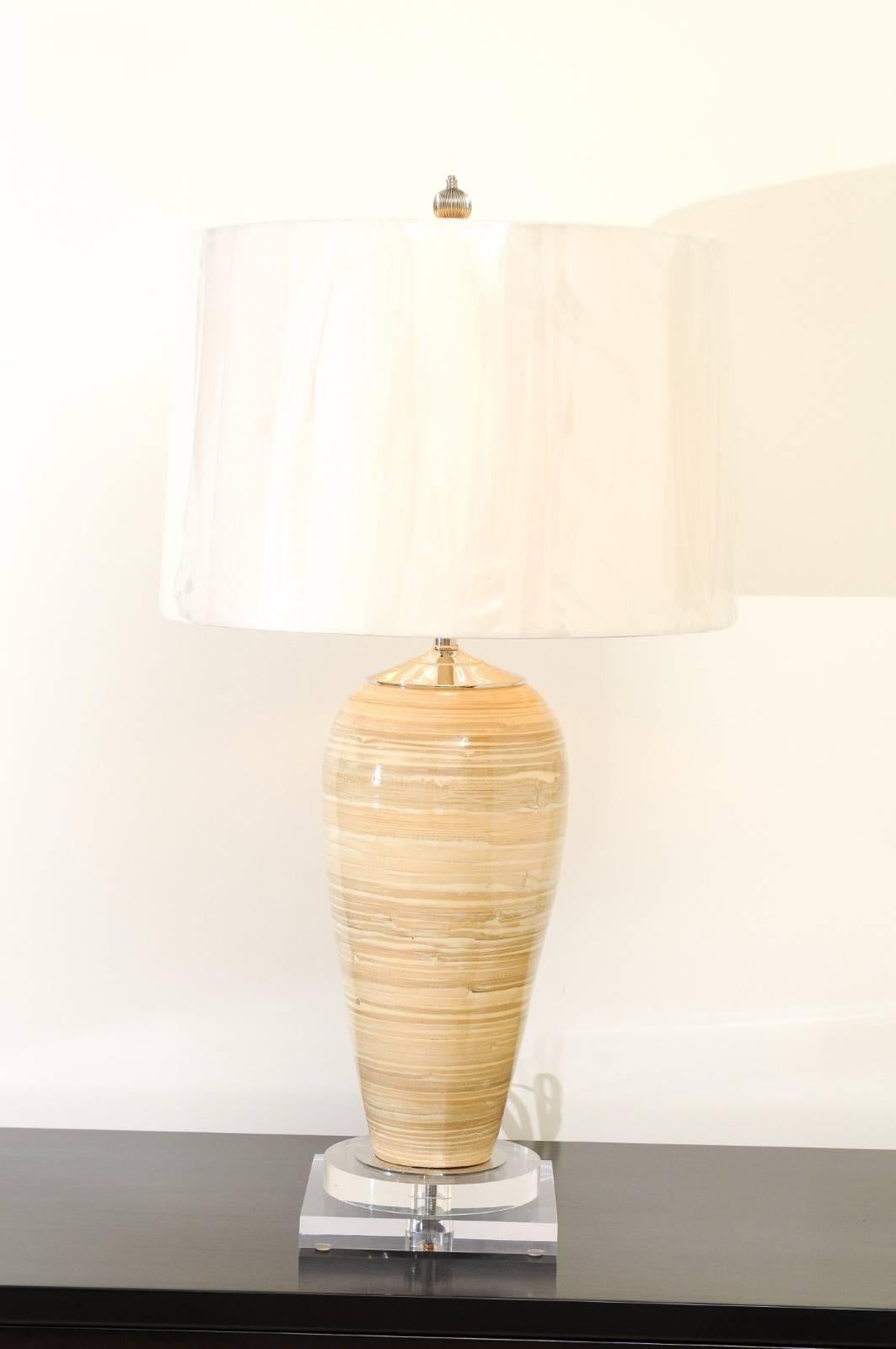 Elegant Pair of Vintage Bamboo Vessels, circa 1980, as New Custom Lamps In Excellent Condition For Sale In Atlanta, GA