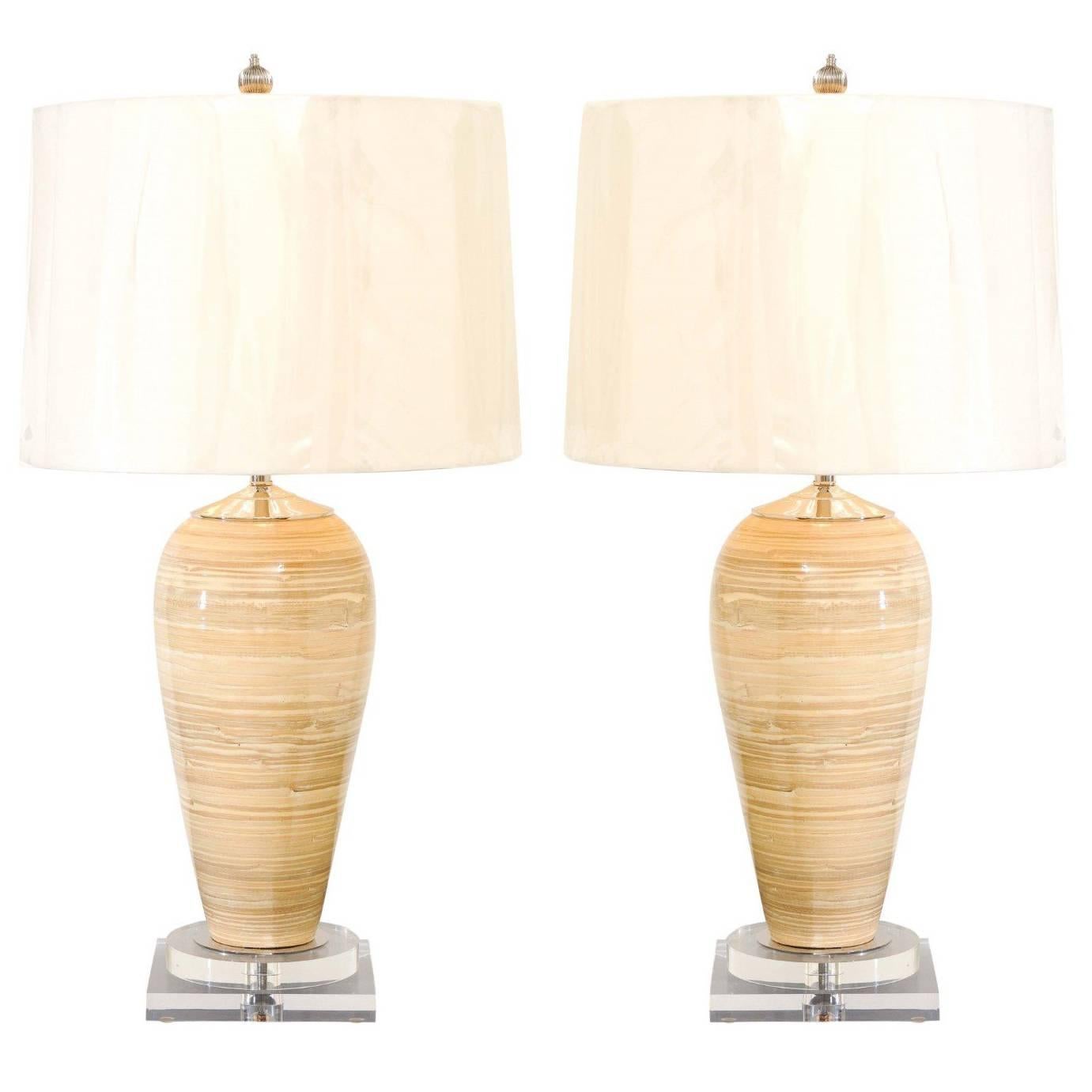 Elegant Pair of Vintage Bamboo Vessels, circa 1980, as New Custom Lamps
