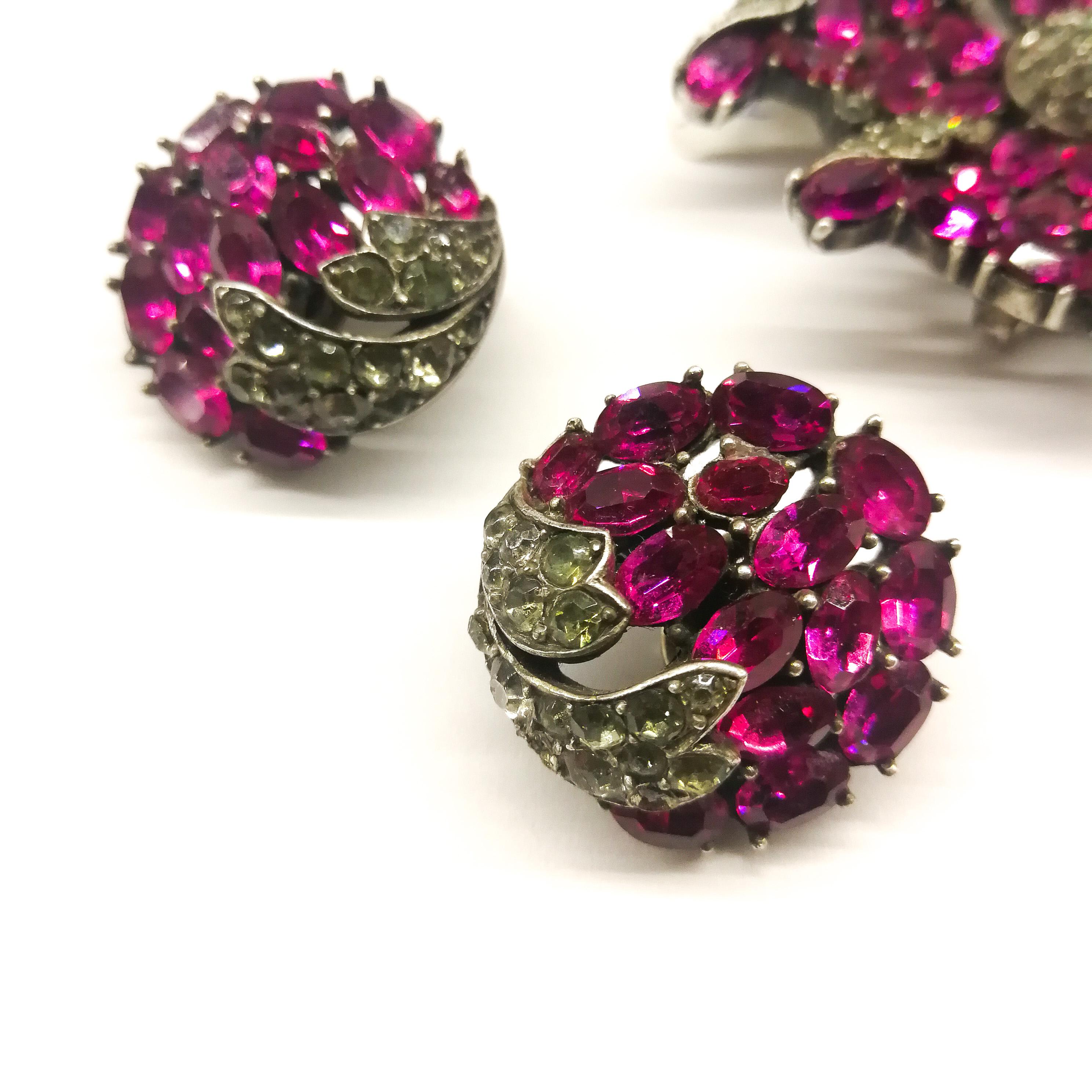 An elegant ruby and grey paste brooch and earrings, A Philippe for Trifari 1950s 3