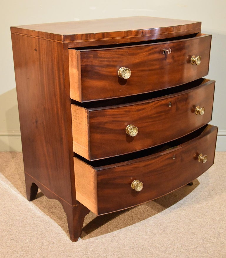 Elegant Small Regency Mahogany And Satinwood Three Drawer Chest At