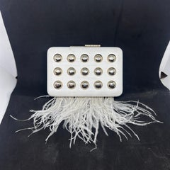 An Elegant White Wooden Evening Bag with Feathers and Studs Made by Laurafed
