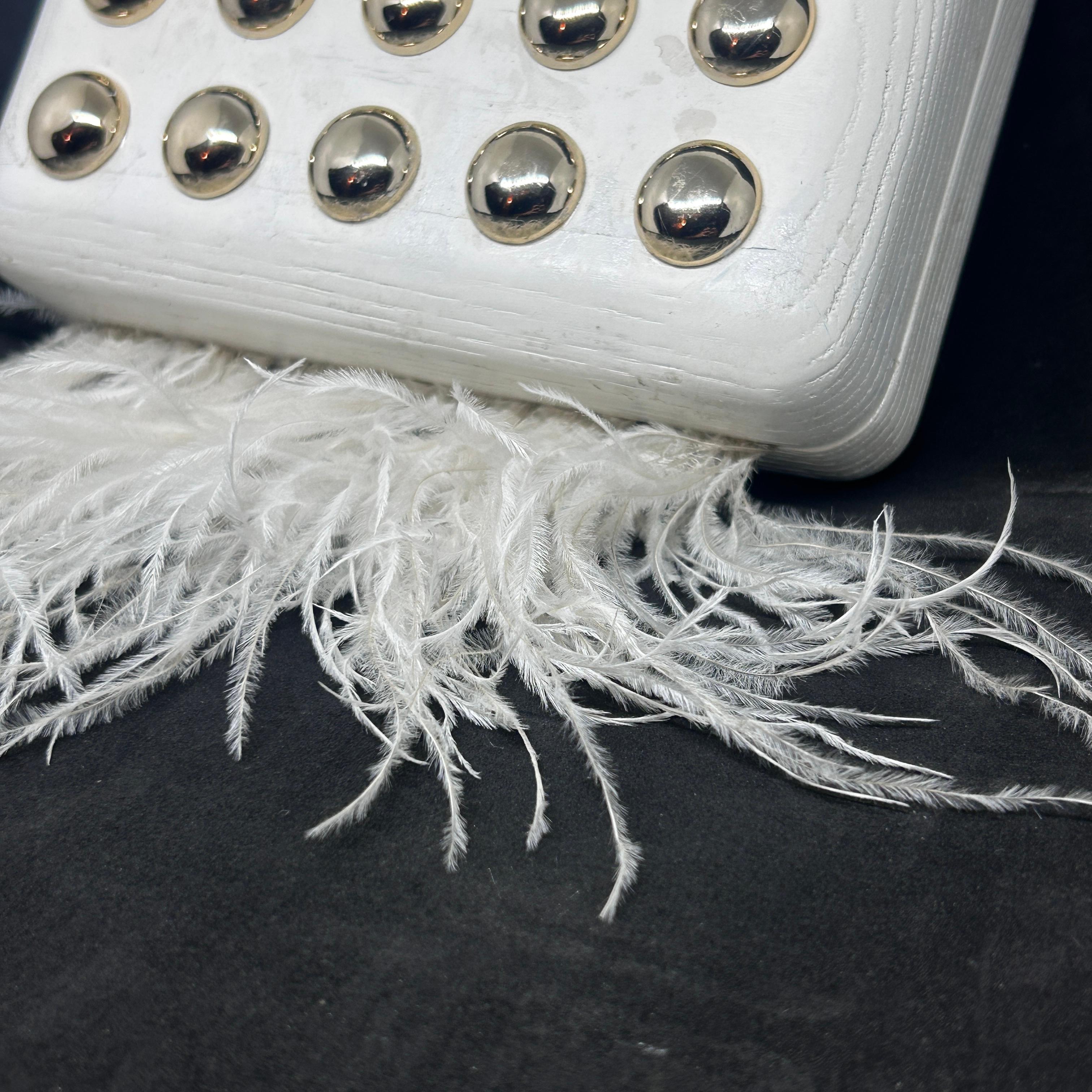 Gray An Elegant White Wooden Evening Bag with Feathers and Studs Made by Laurafed For Sale