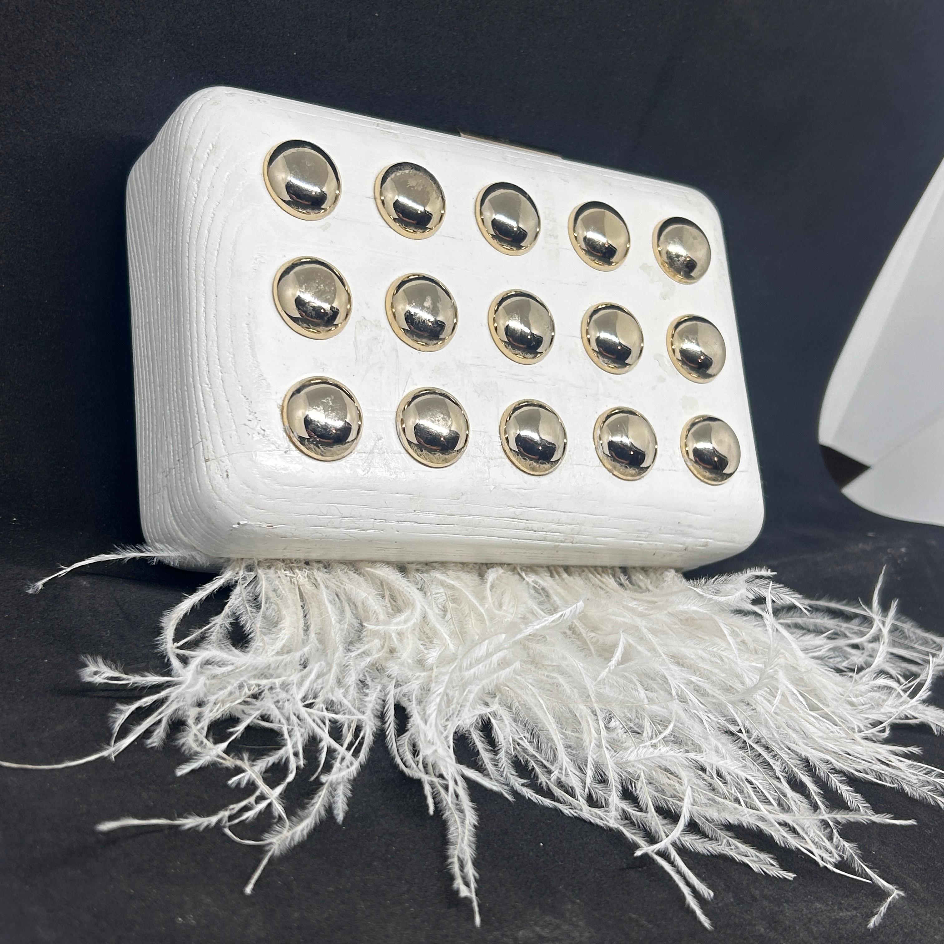 Women's An Elegant White Wooden Evening Bag with Feathers and Studs Made by Laurafed For Sale