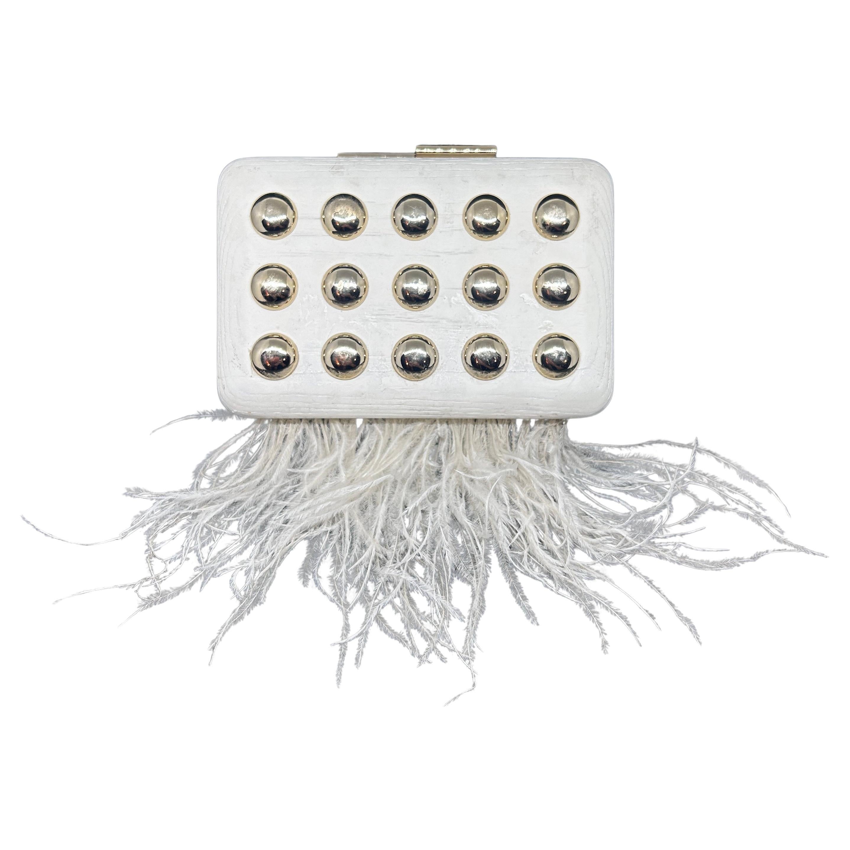 An Elegant White Wooden Evening Bag with Feathers and Studs Made by Laurafed For Sale