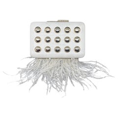 An Elegant White Wooden Evening Bag with Feathers and Studs Made by Laurafed