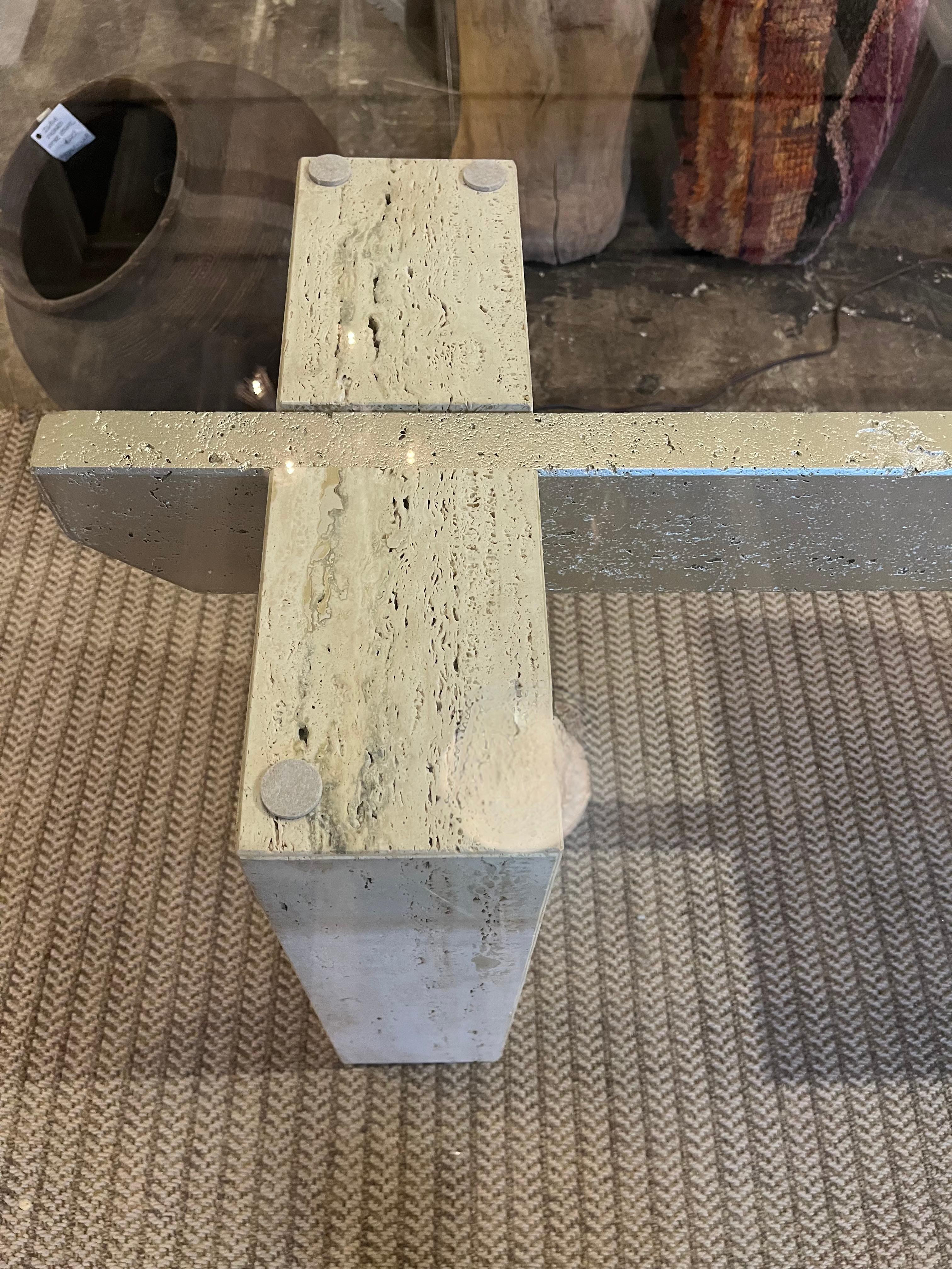 Hollywood Regency An Ello 1970s  travertine marble and glass dining table by  Guy Barker