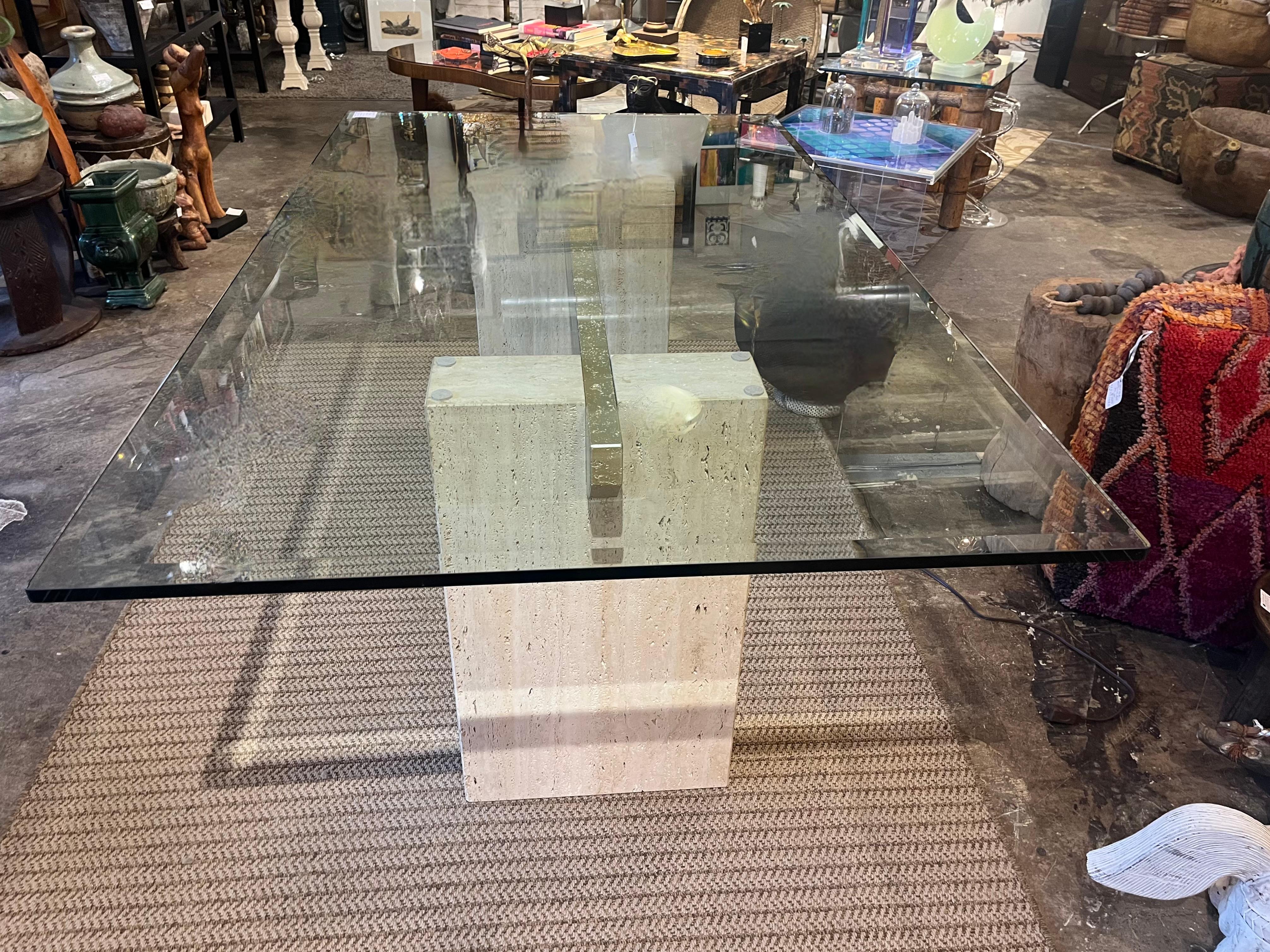 Italian An Ello 1970s  travertine marble and glass dining table by  Guy Barker