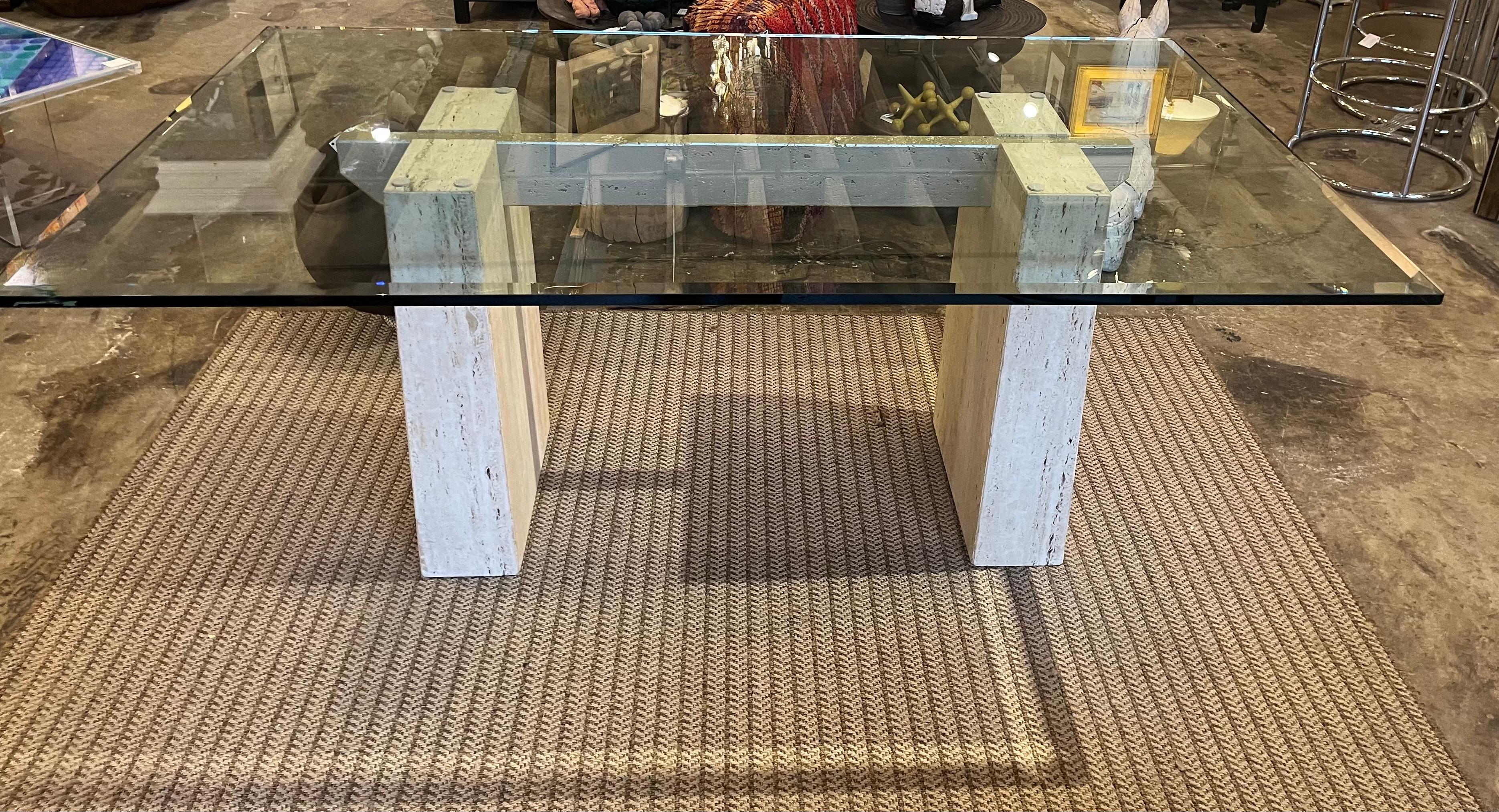 An Ello 1970s  travertine marble and glass dining table by  Guy Barker In Good Condition In Winnetka, IL