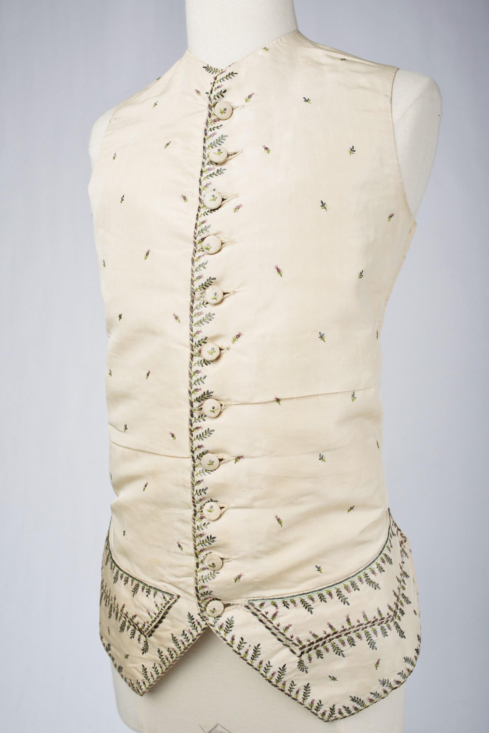 Women's or Men's An Embroidered Cream Gros de Tours Waistcoat period Louis XVI France Circa 1785 For Sale