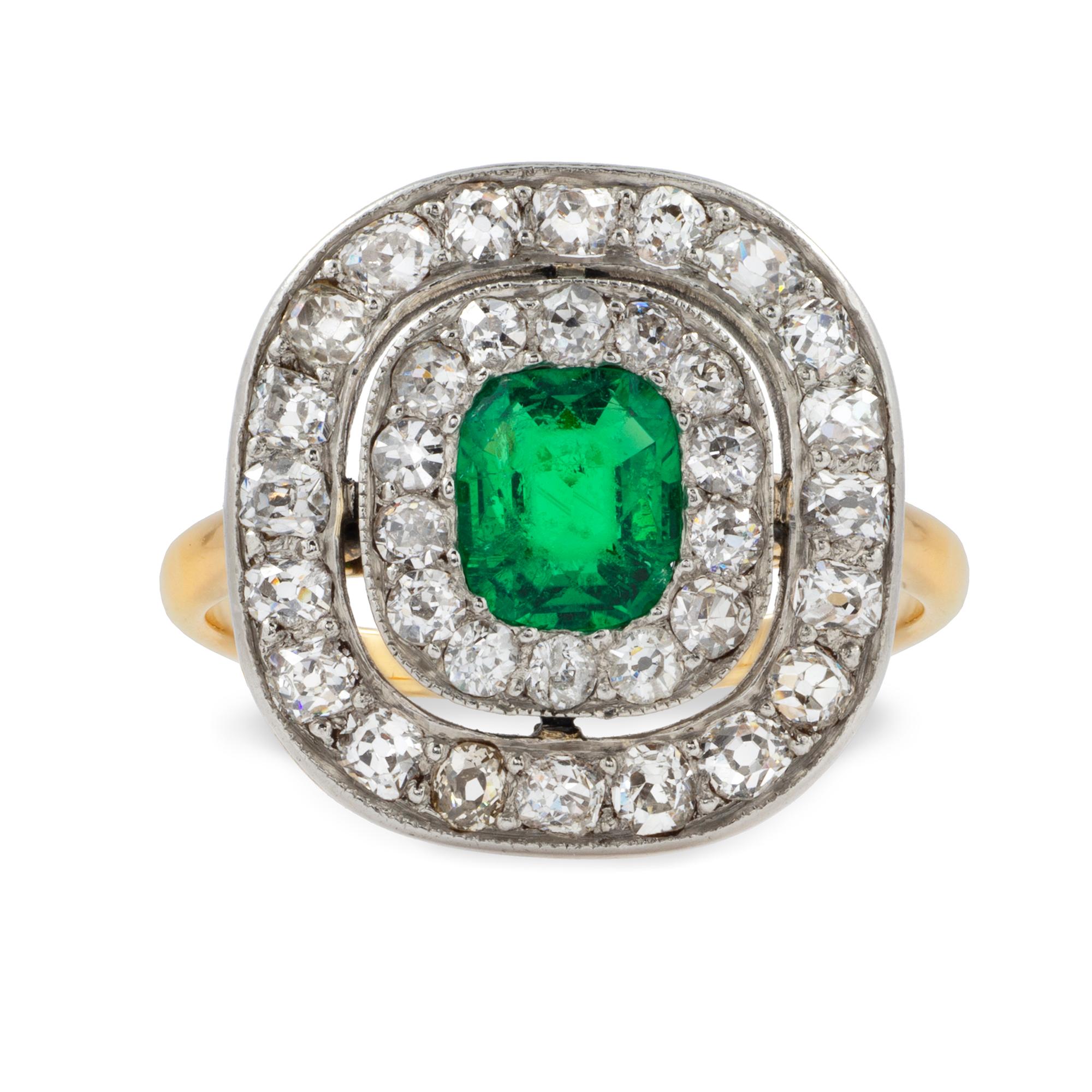 Emerald Cut Emerald and Diamond Double-Cluster Ring For Sale