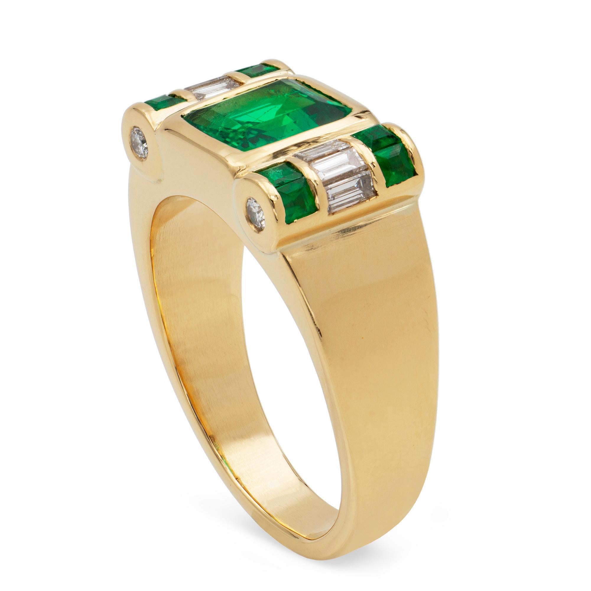 An emerald and diamond ring, the octagonal-cut emerald estimated to weigh 1.4 carats, accompanied by GCS Report stating to be of Colombian origin, mounted within two semi-cylinders set with two rows of square-cut emeralds with a row of rolling