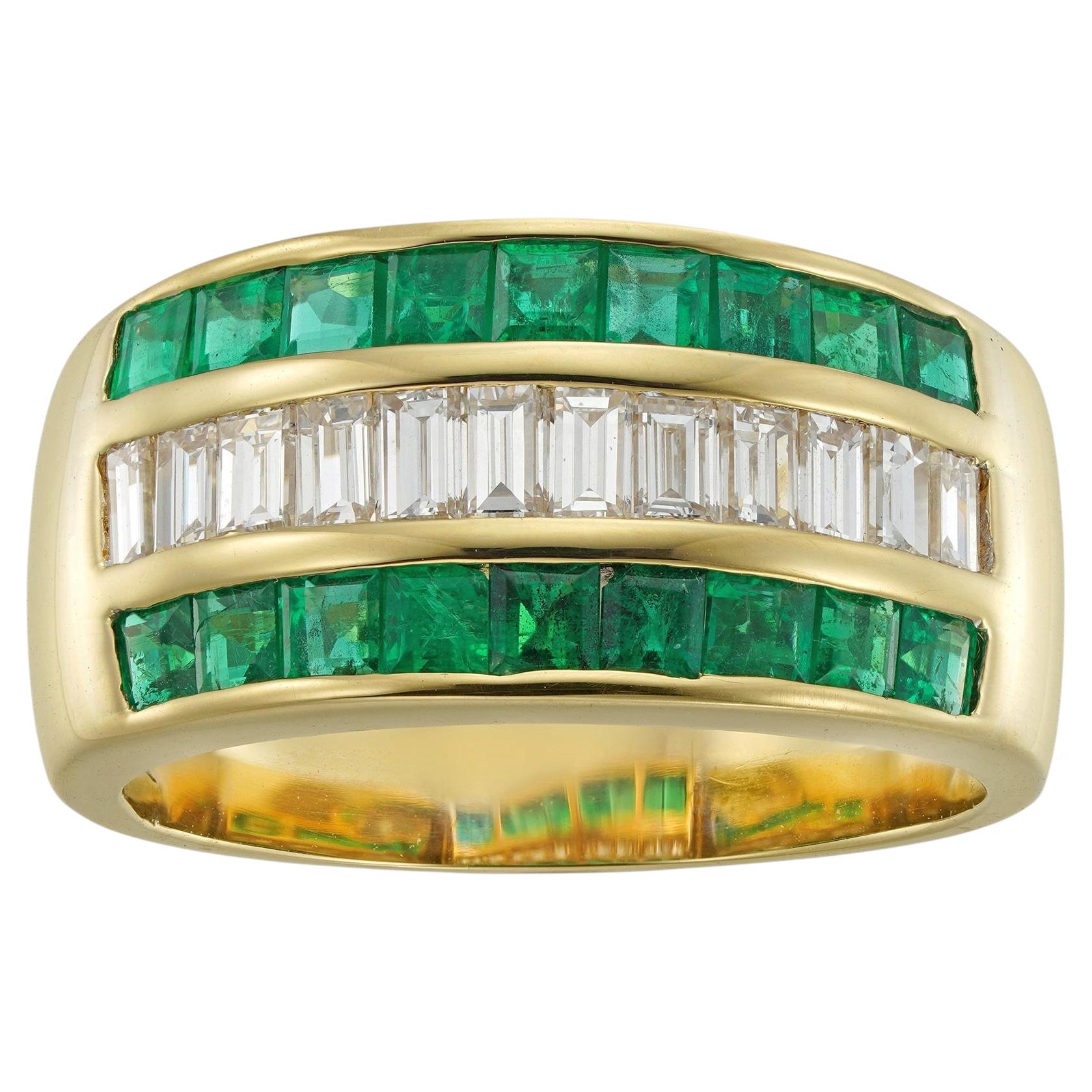 An emerald and diamond three row ring For Sale