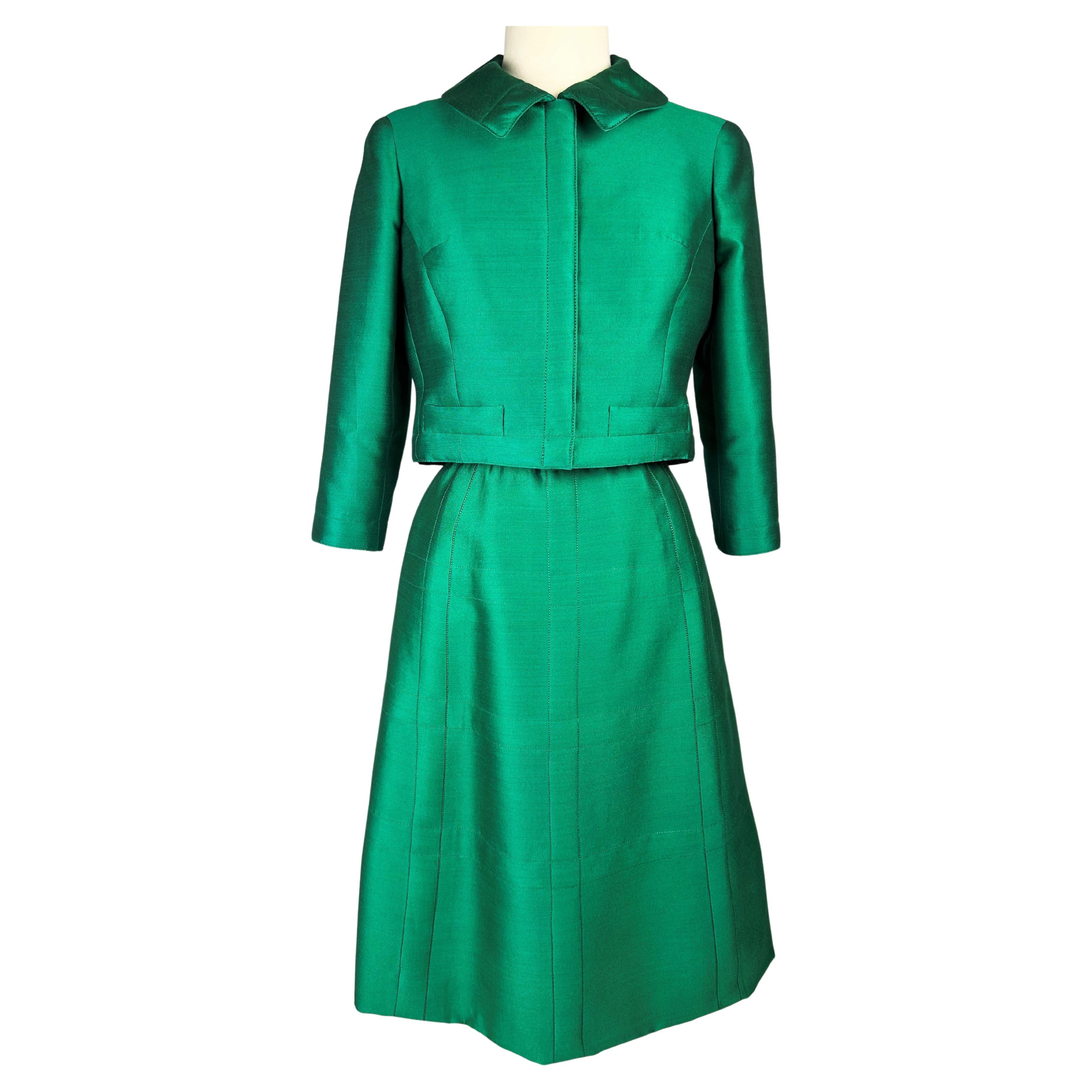 An Emerald Gazar Demi-Couture Skirt Suit by Louis Féraud Circa 1968-1972 For Sale