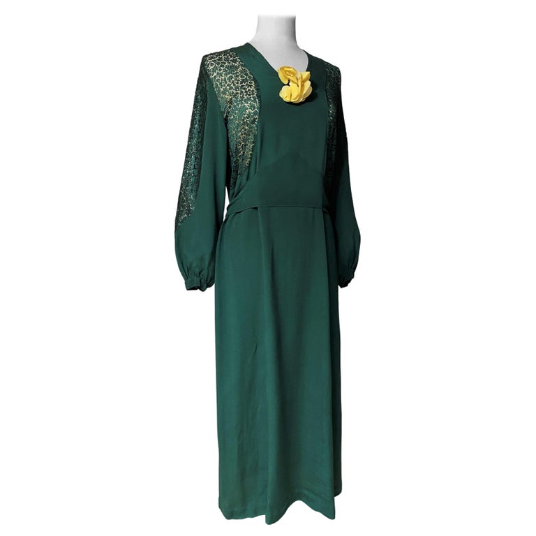An Emerald Green Crepe and Lace Evening Dress- France Circa 1940