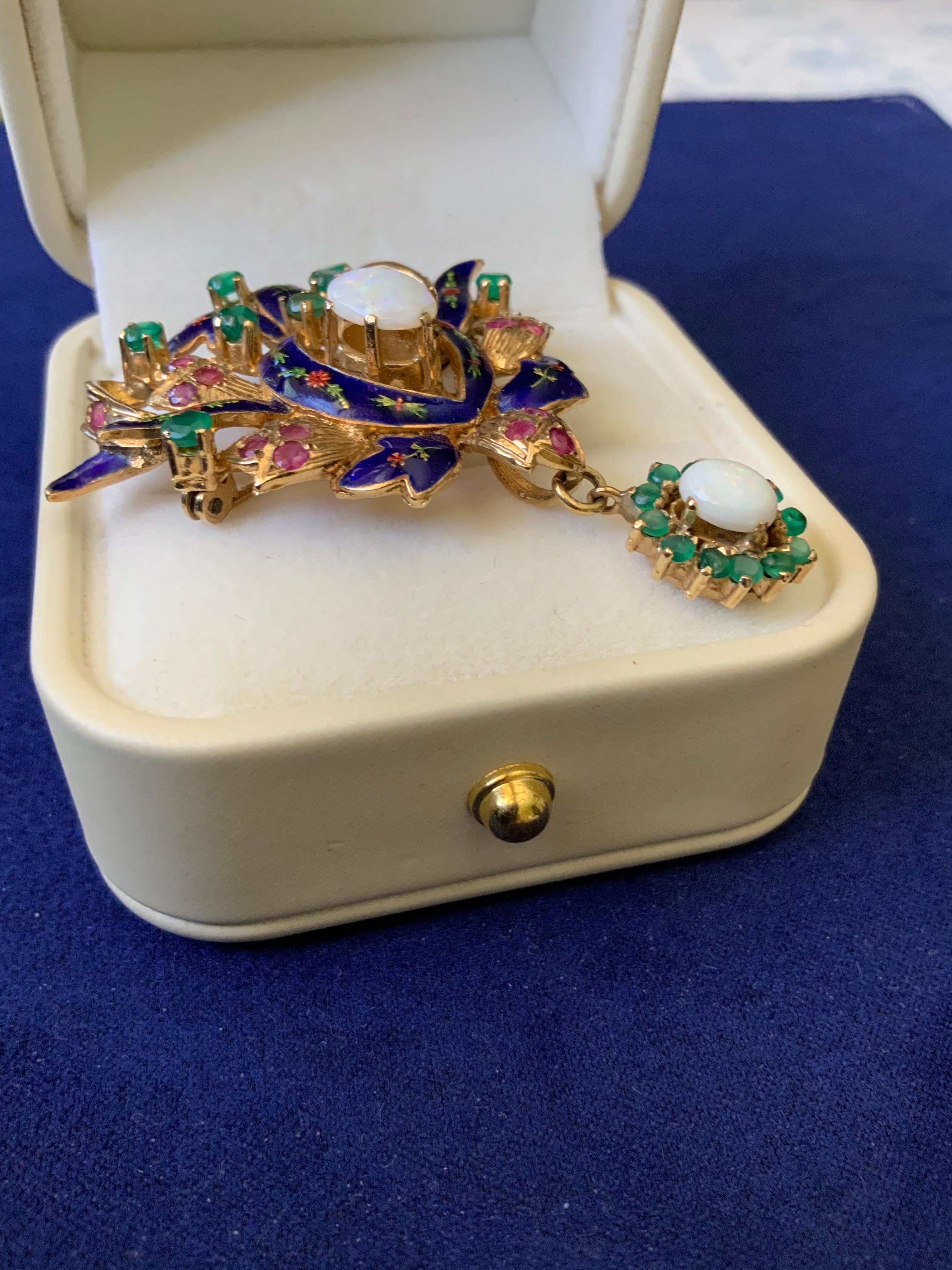 Edwardian An Emerald, Opal And Ruby Blue Enamel 14k Gold Brooch For Sale