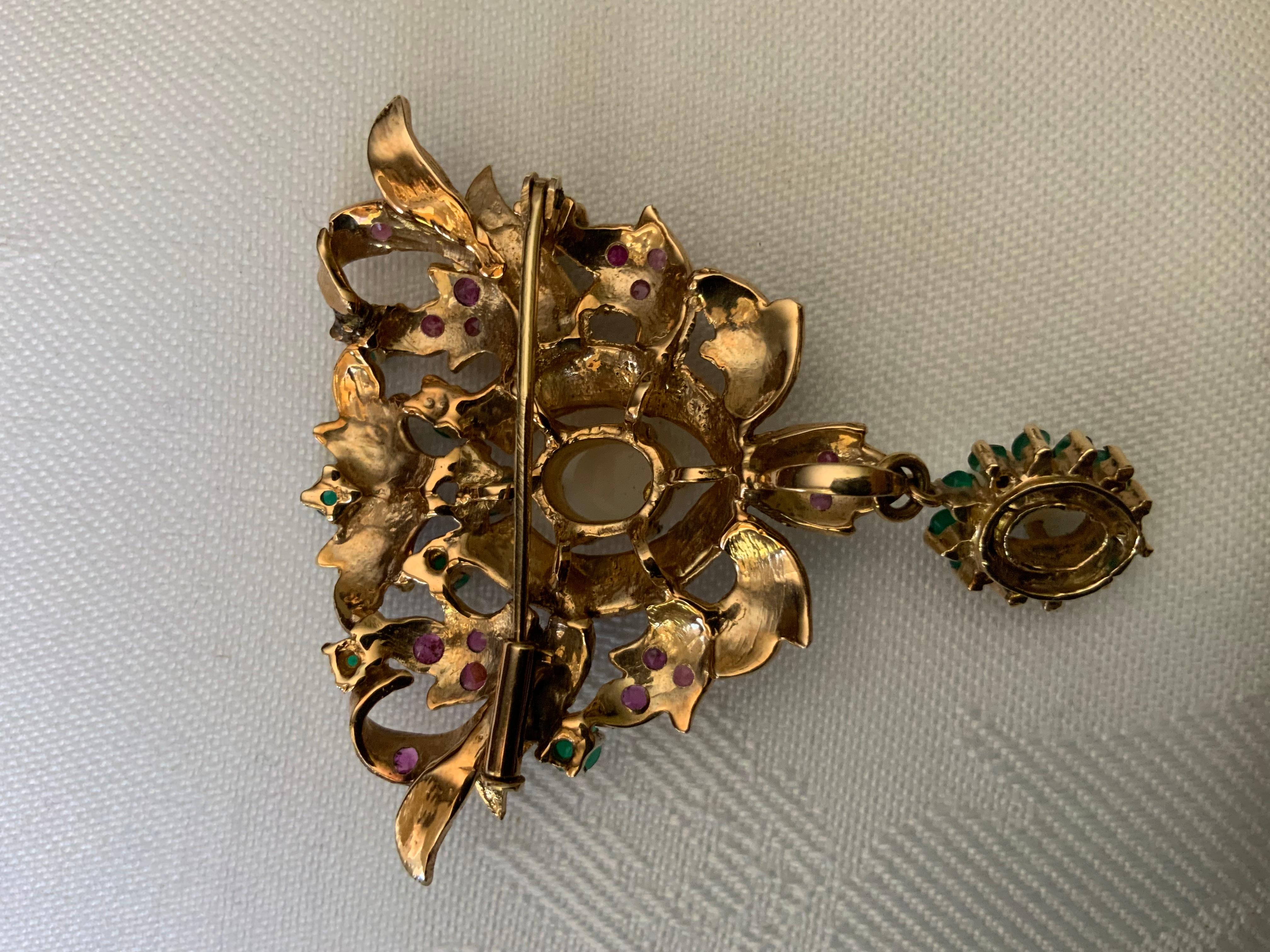 Women's or Men's An Emerald, Opal And Ruby Blue Enamel 14k Gold Brooch For Sale