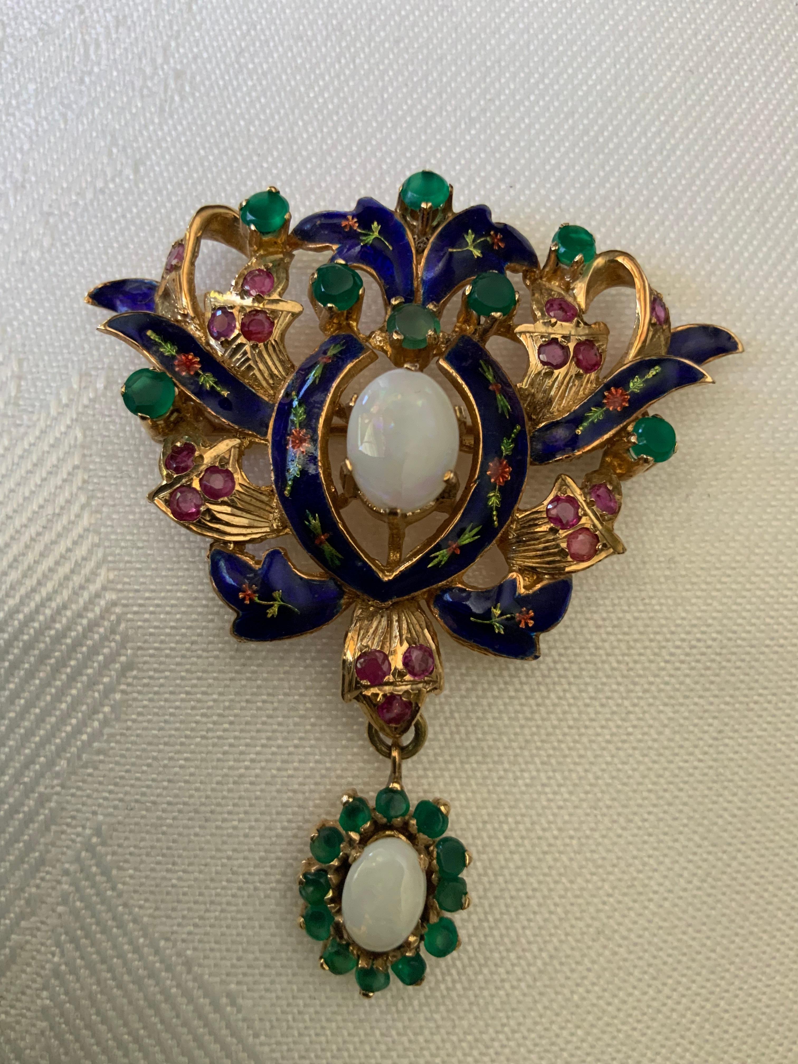 An Emerald, Opal And Ruby Blue Enamel 14k Gold Brooch For Sale 2