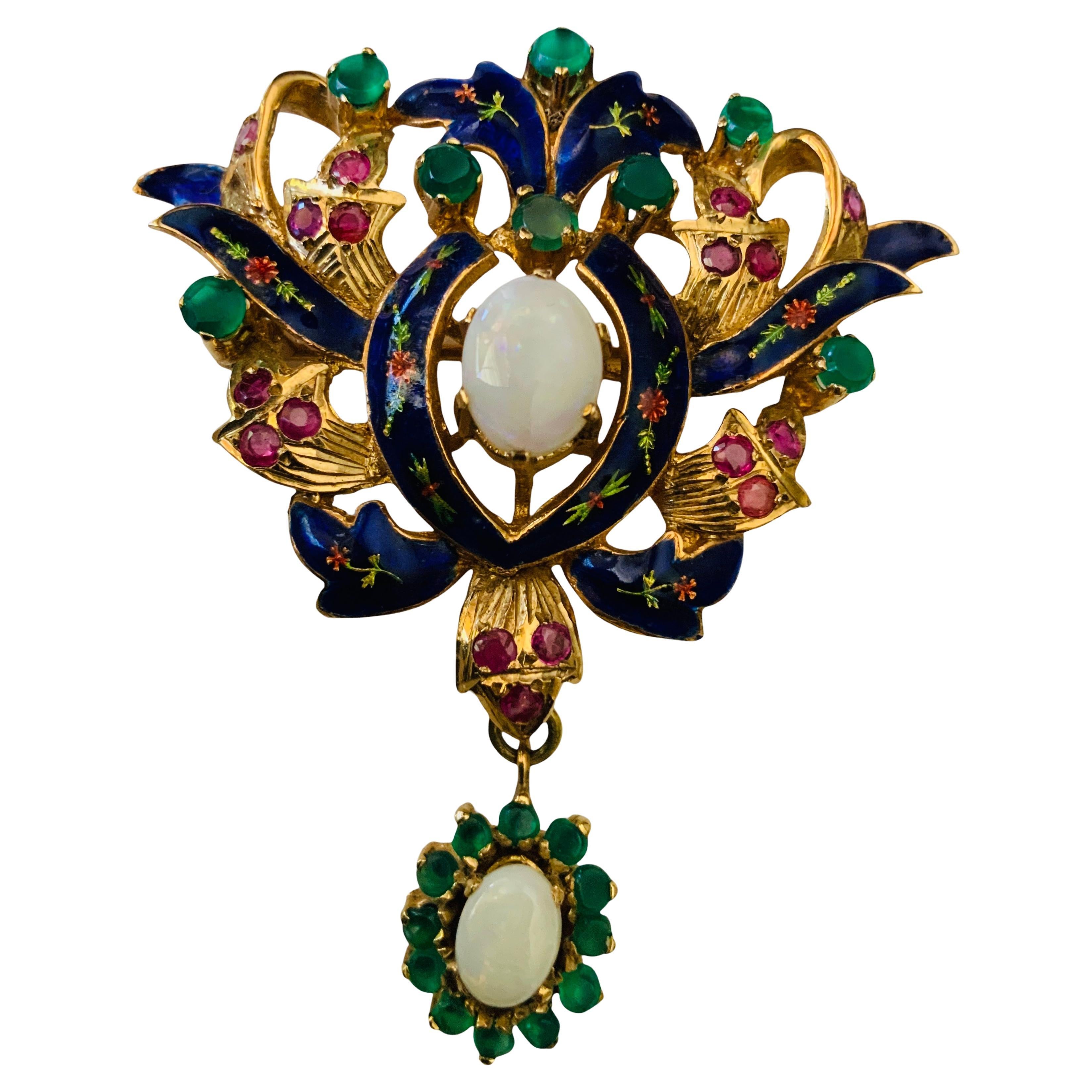 An Emerald, Opal And Ruby Blue Enamel 14k Gold Brooch
