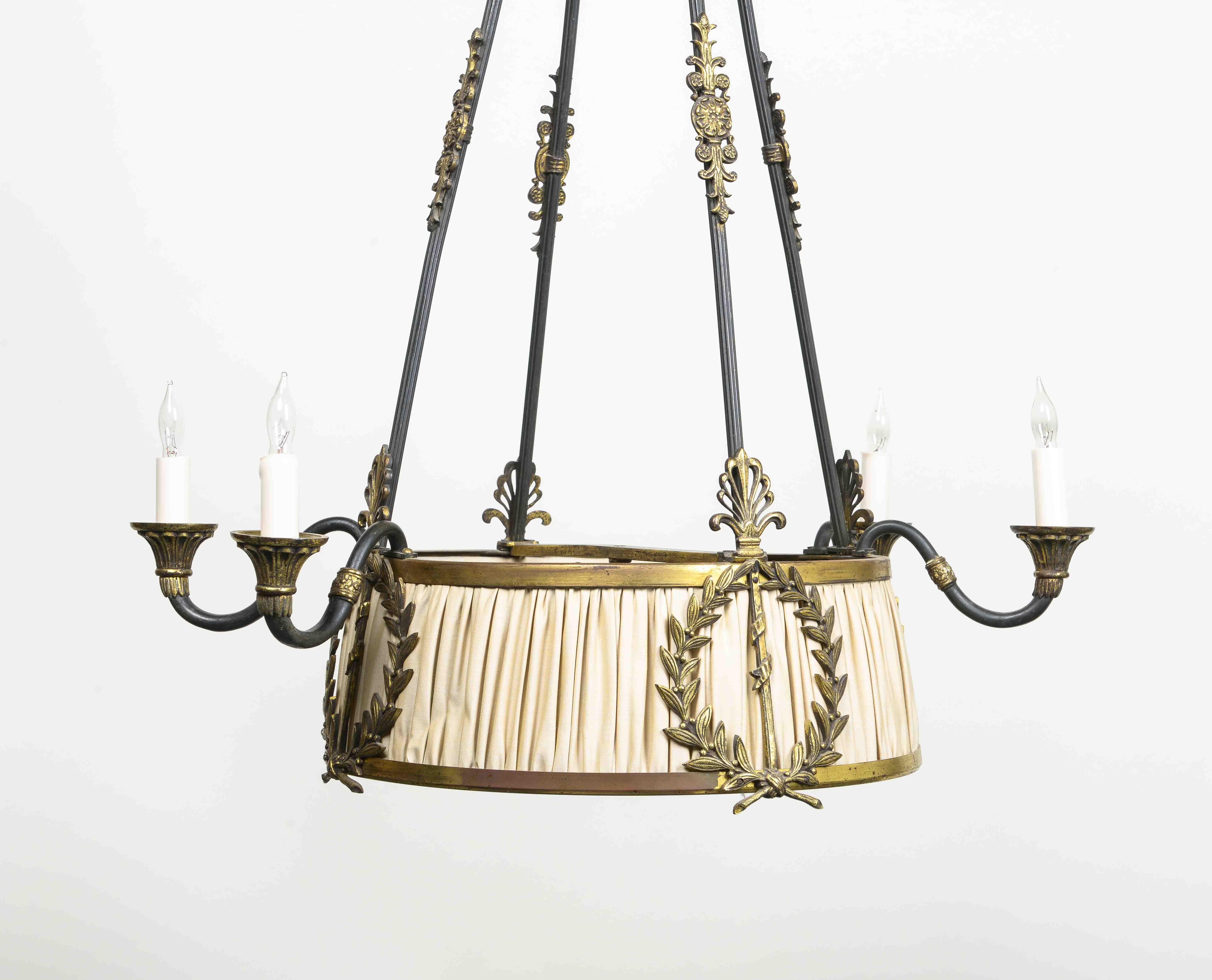 Empire Bronze, Gilt Bronze and Silk Chandelier In Excellent Condition For Sale In New York, NY