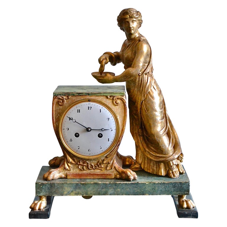 A Russian Empire Carved Gilt Wood and Faux Malachite Painted Mantel Clock For Sale