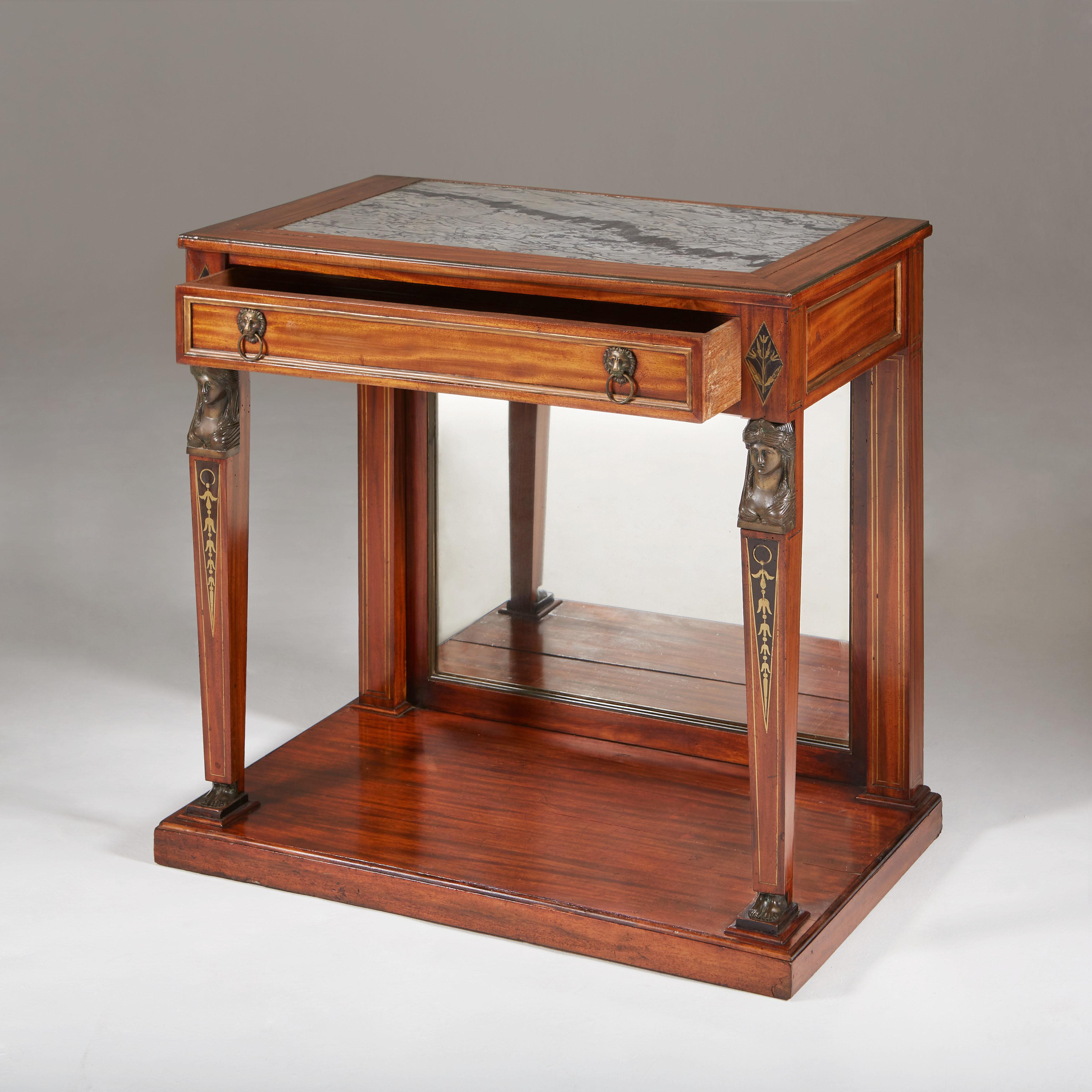 19th Century Empire Mahogany Console Table of Small Proportions with Grey Marble Top