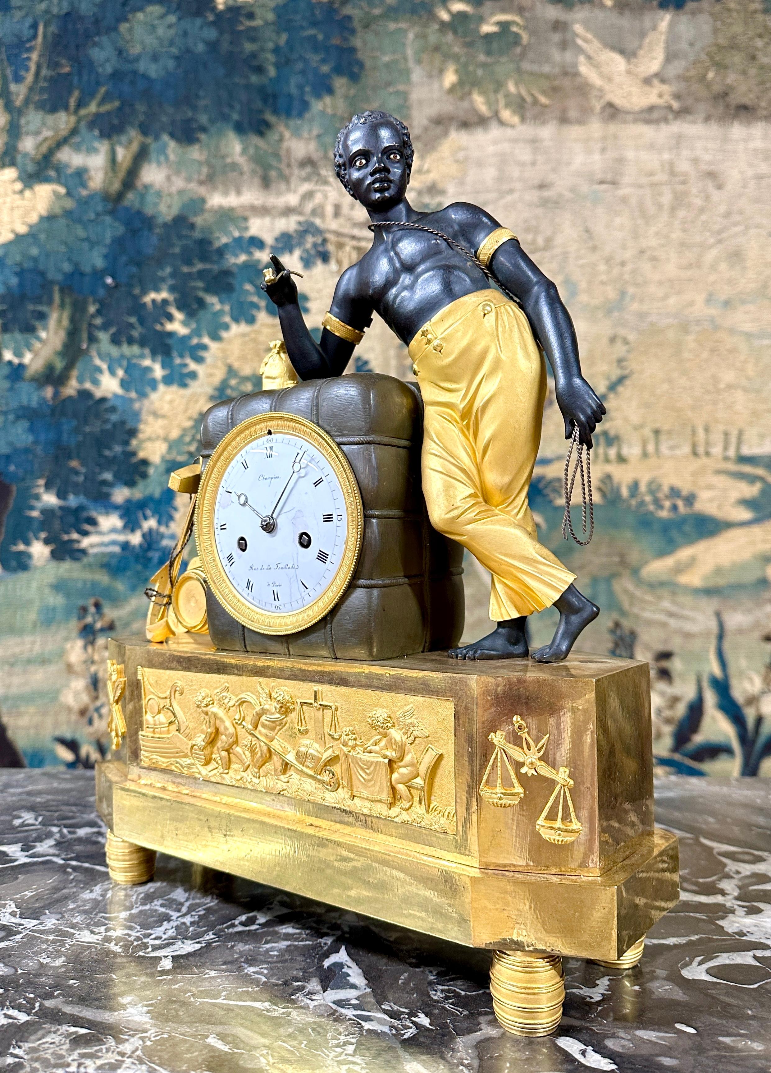 an Empire ormolu and patinated bronze mangel clock after a drawing by DeVerberie For Sale 2