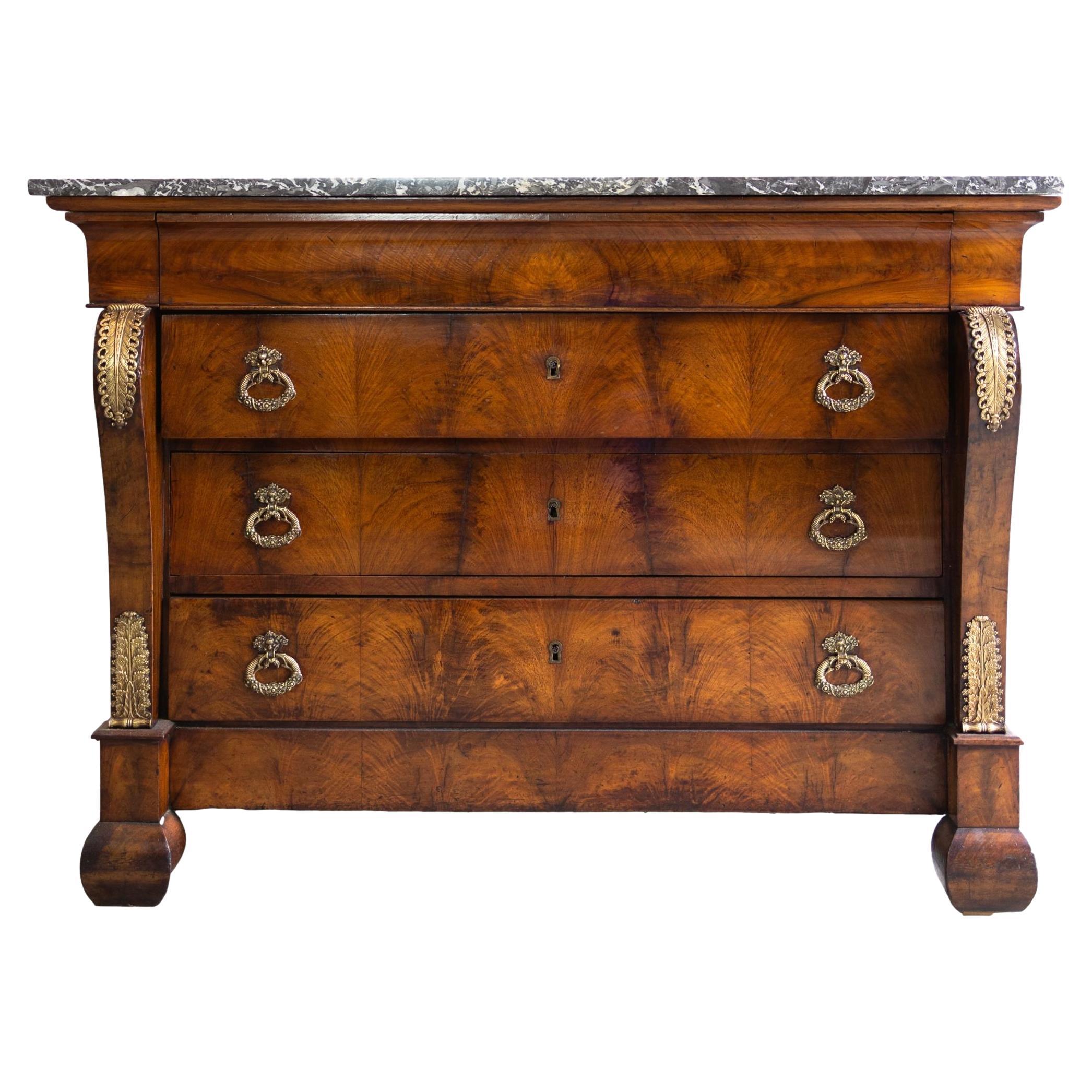 An Empire Ormolu-Mounted Mahogany Commode, Marble Top, French, ca. 1820 For Sale