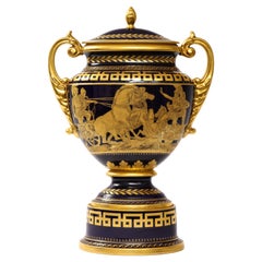 Jarrón Krater de porcelana dorada y azul cobalto de estilo Imperio, de Hutschenreuther