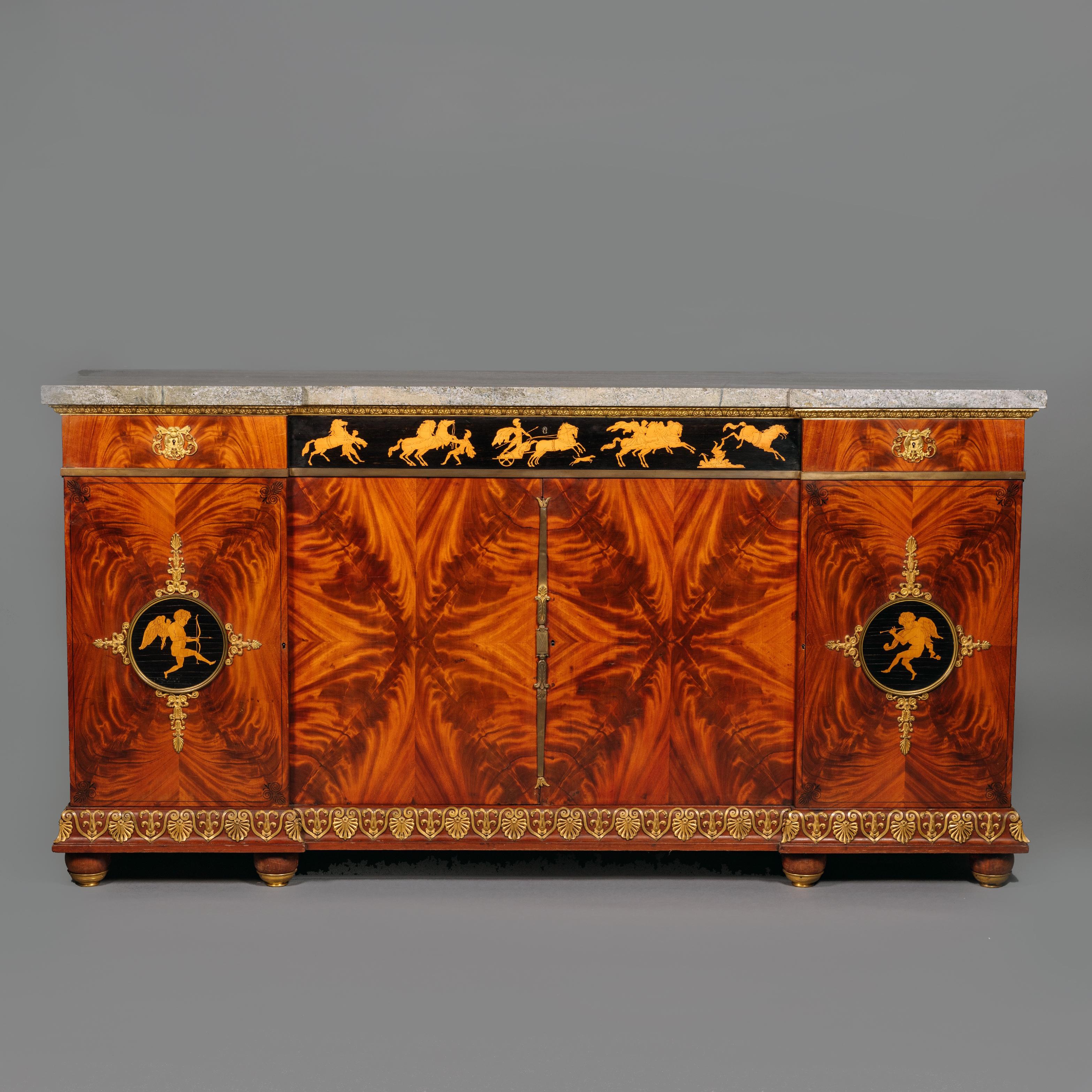 French Empire Style Gilt-Bronze Mounted Marquetry Buffet Cabinet, by François Linke For Sale