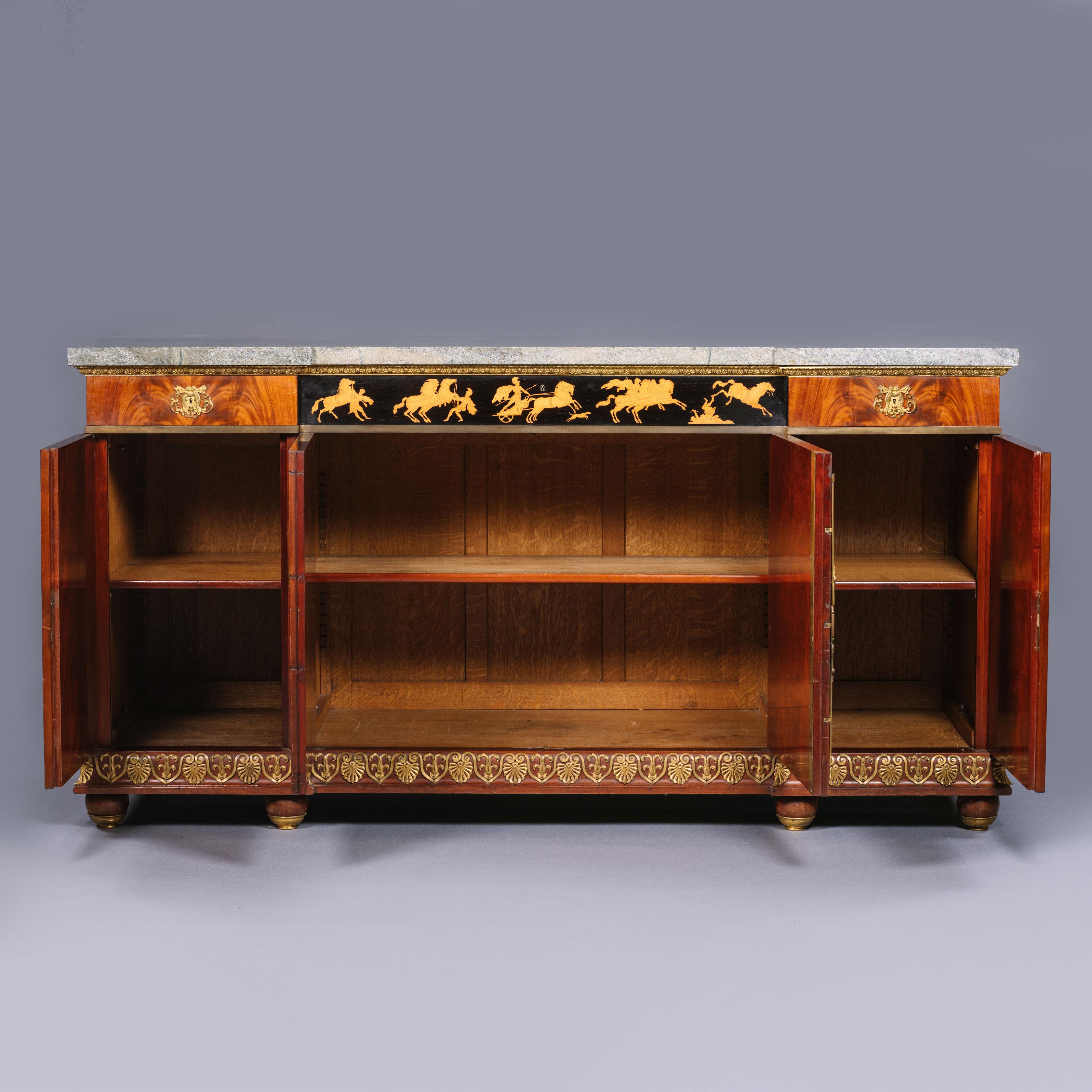 French Empire Style Gilt-Bronze Mounted Marquetry Buffet Cabinet, by François Linke For Sale