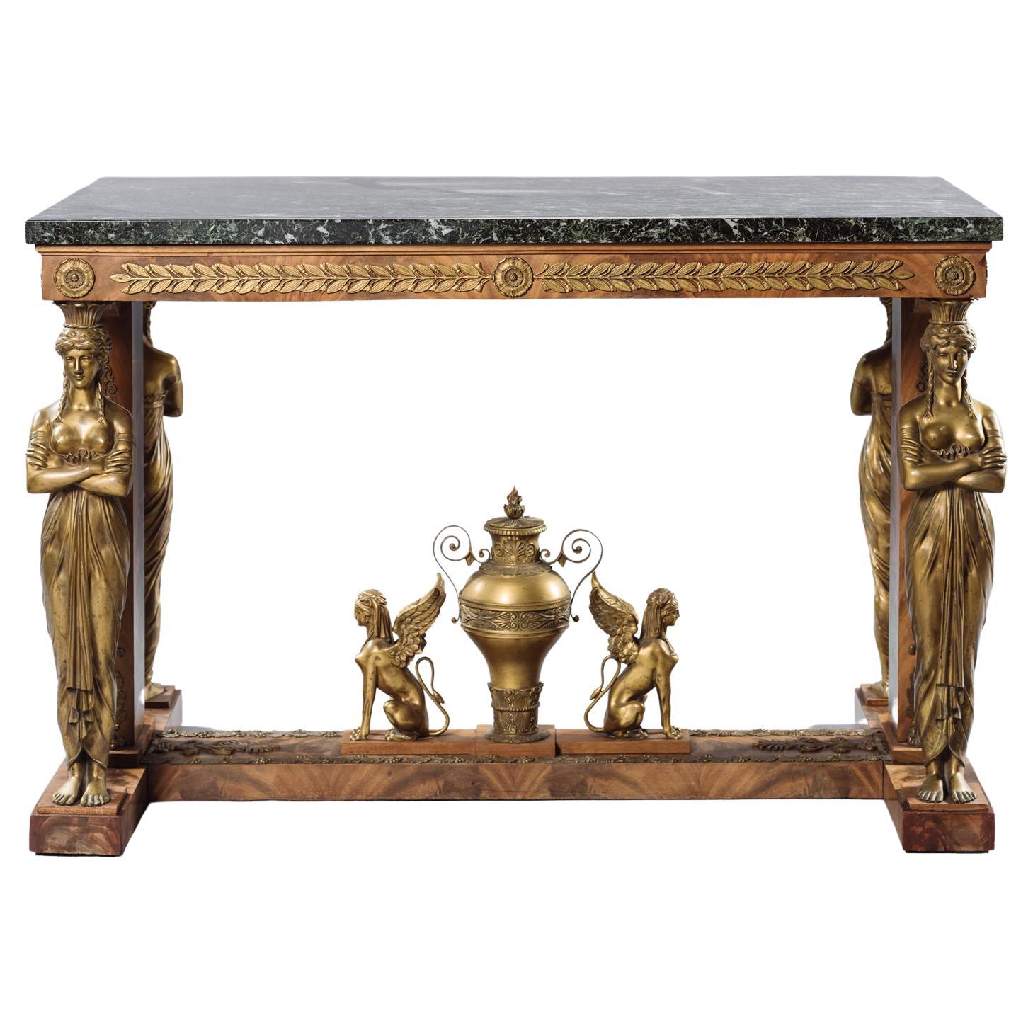 Mahagoni-Tisch im Empire-Stil de Milieu mit Verde-Antico-Marmorplatte im Angebot