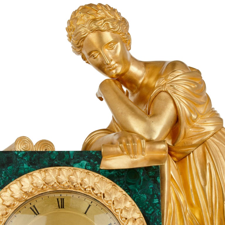 Empire Style Ormolu and Malachite Mantel Clock by Denière In Good Condition For Sale In London, GB