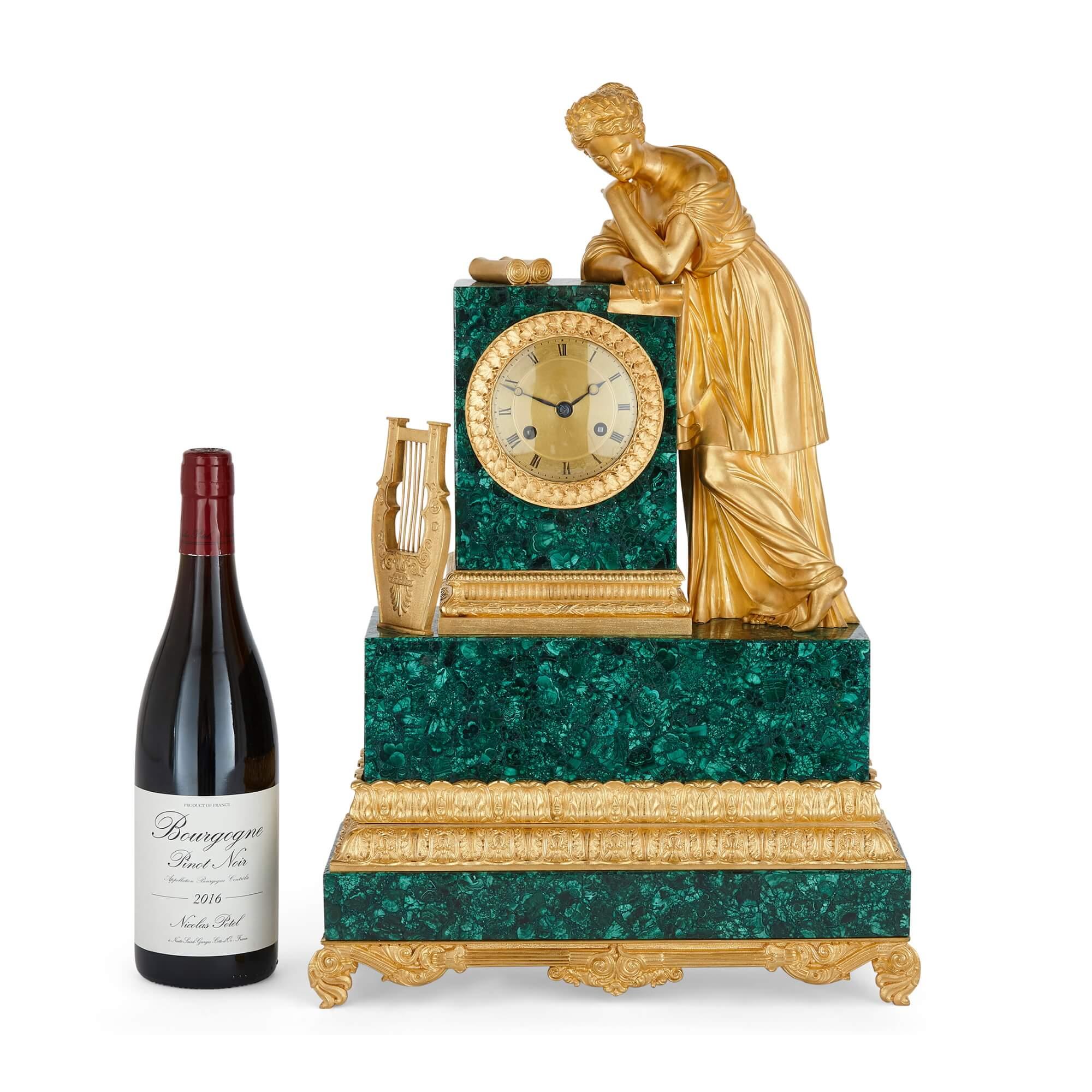 Empire Style Ormolu and Malachite Mantel Clock by Denière For Sale 2
