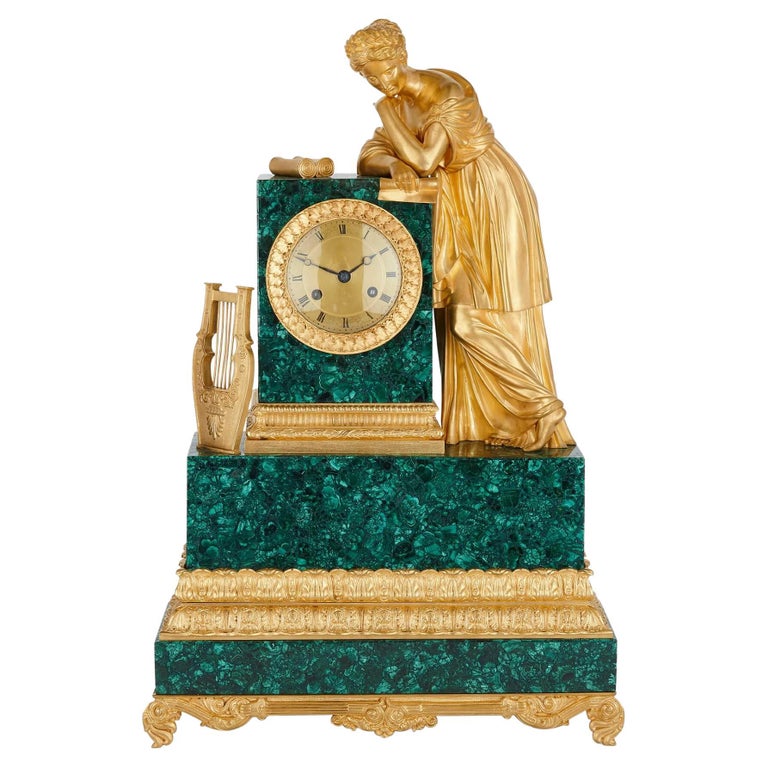 Empire Style Ormolu and Malachite Mantel Clock by Denière For Sale