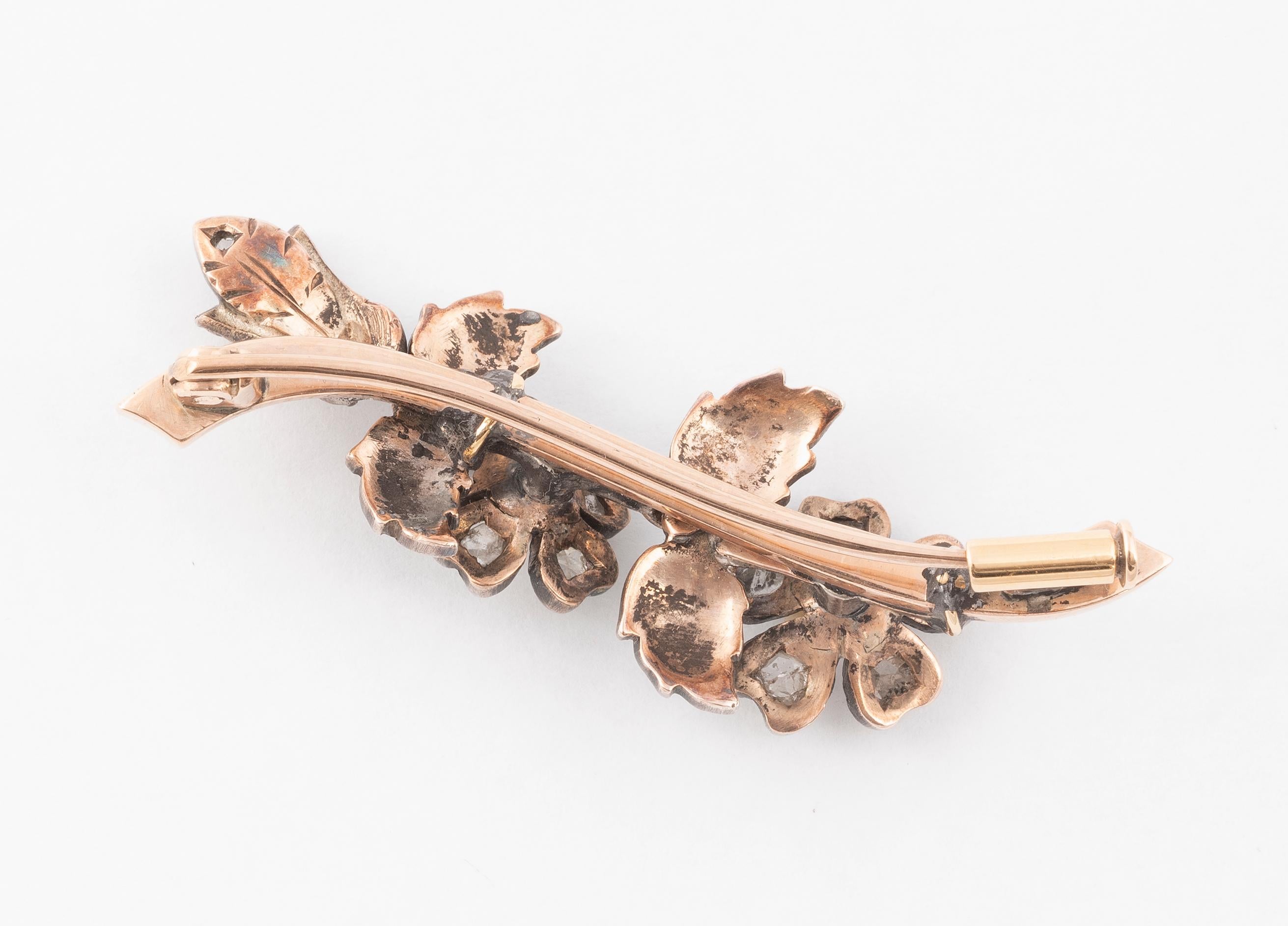 Rose Cut Enamel and Diamond Flower Brooch Circa 1900's  For Sale
