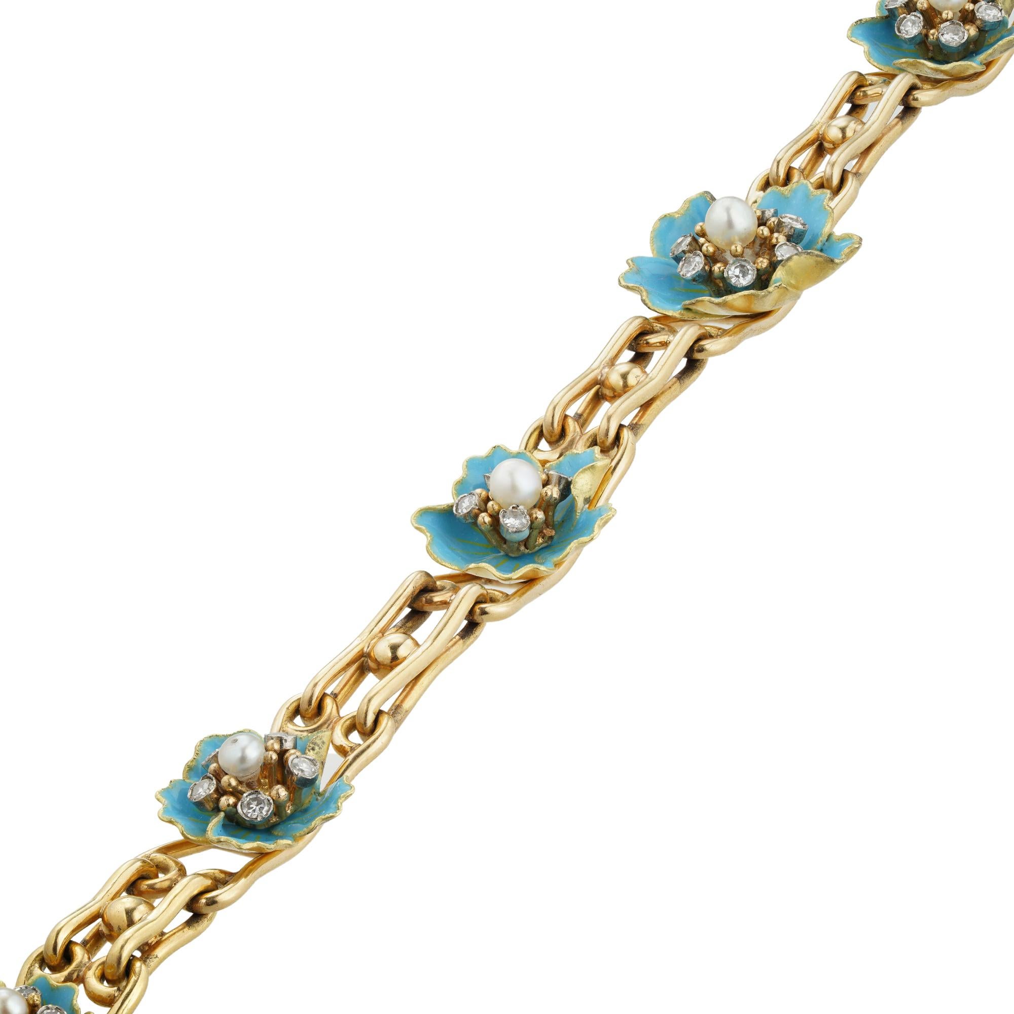 A mid-century blue enamel flower-set bracelet, the seven blue enamel flowers, graduating in size from the centre, each centrally set with pearl surrounded by seven Swiss-cut diamonds, attached to 18ct gold double bar links with gold clasp and safety