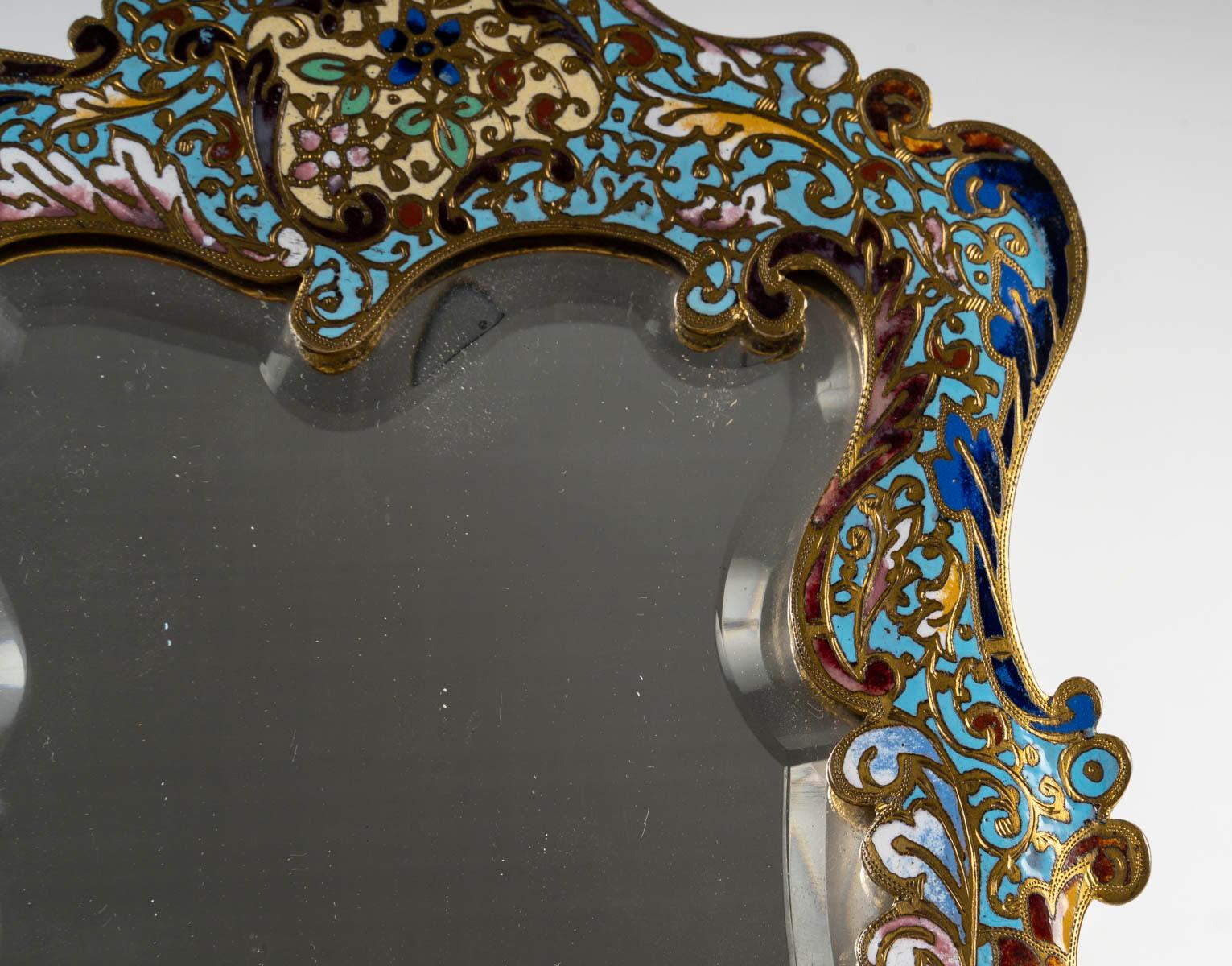 Émaillé Miroir de table en bronze émaillé, XIXe siècle, période Napoléon III. en vente