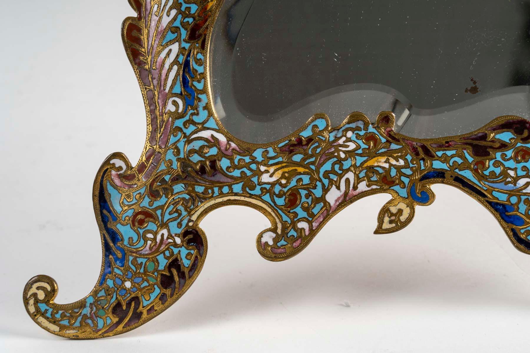 Miroir de table en bronze émaillé, XIXe siècle, période Napoléon III. Bon état - En vente à Saint-Ouen, FR