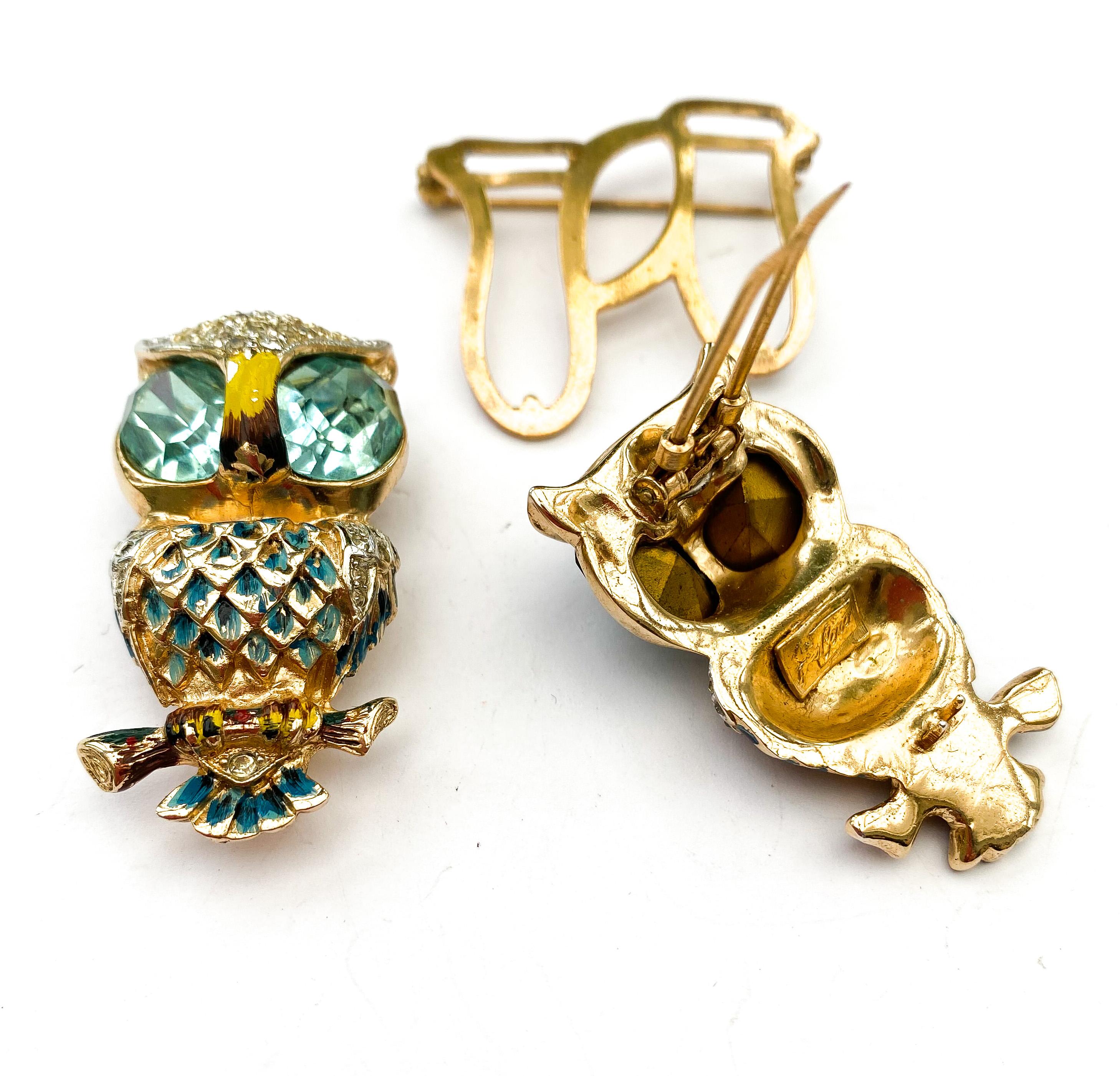 An enamelled, gilt and coloured paste 'double owl' duette, Corocraft, USA, 1940s In Excellent Condition In Greyabbey, County Down