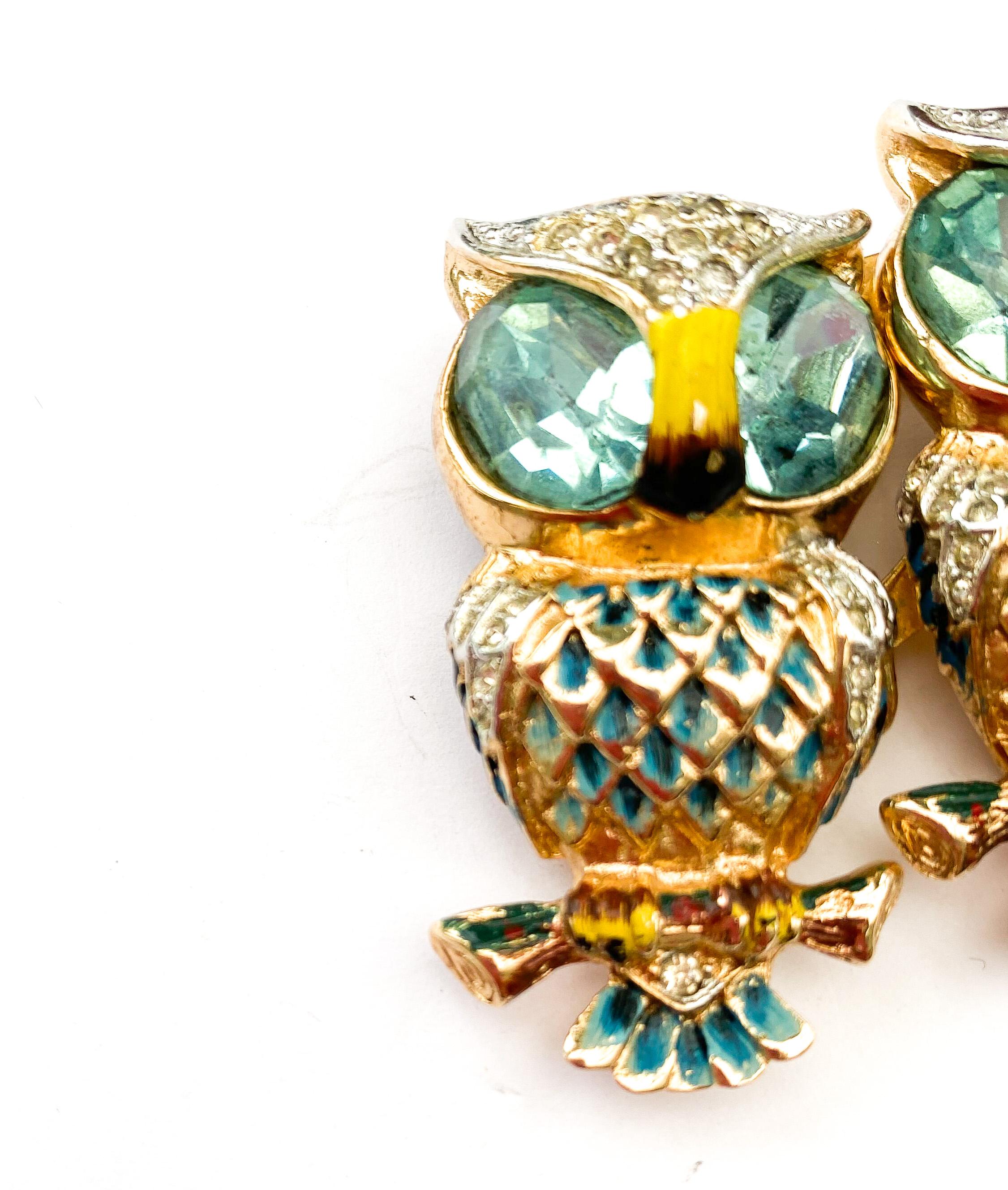 Women's or Men's An enamelled, gilt and coloured paste 'double owl' duette, Corocraft, USA, 1940s